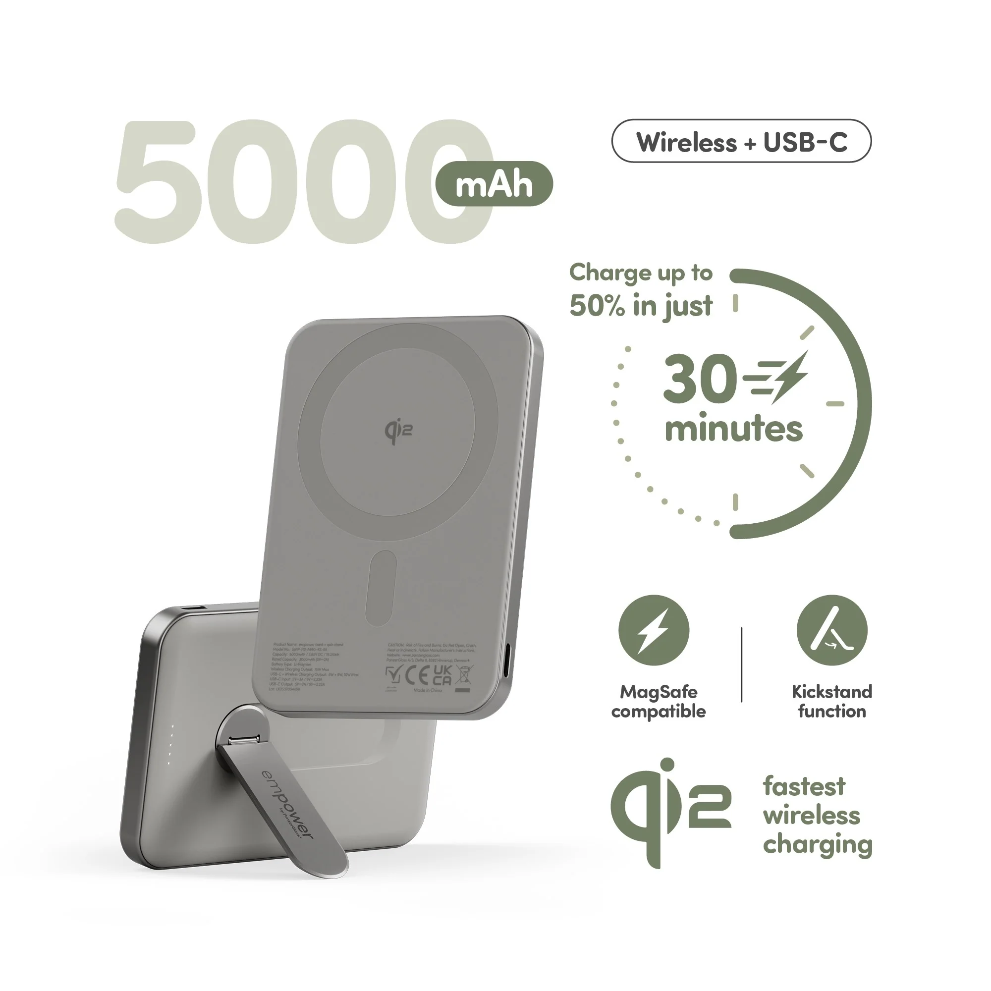 empower™ by PanzerGlass® empower™ Bank w. Spin Stand | 5000mAh | Titanium - Image 8