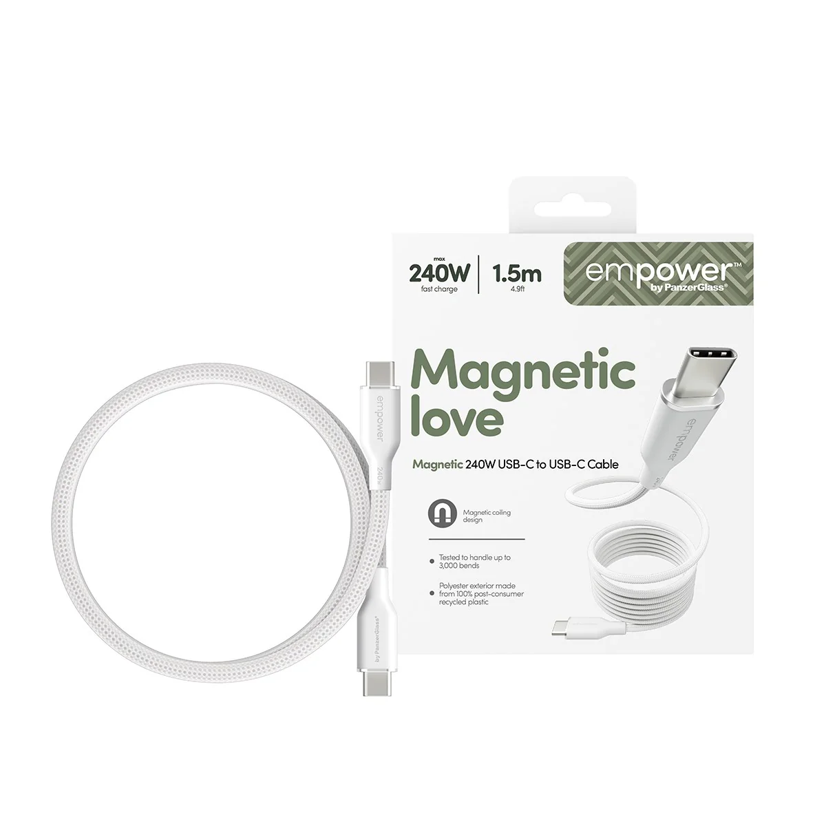 empower™ by PanzerGlass® Magnetic 240W USB-C to USB-C Cable | USB 2.0 | 1.5M | Silver White - Image 2