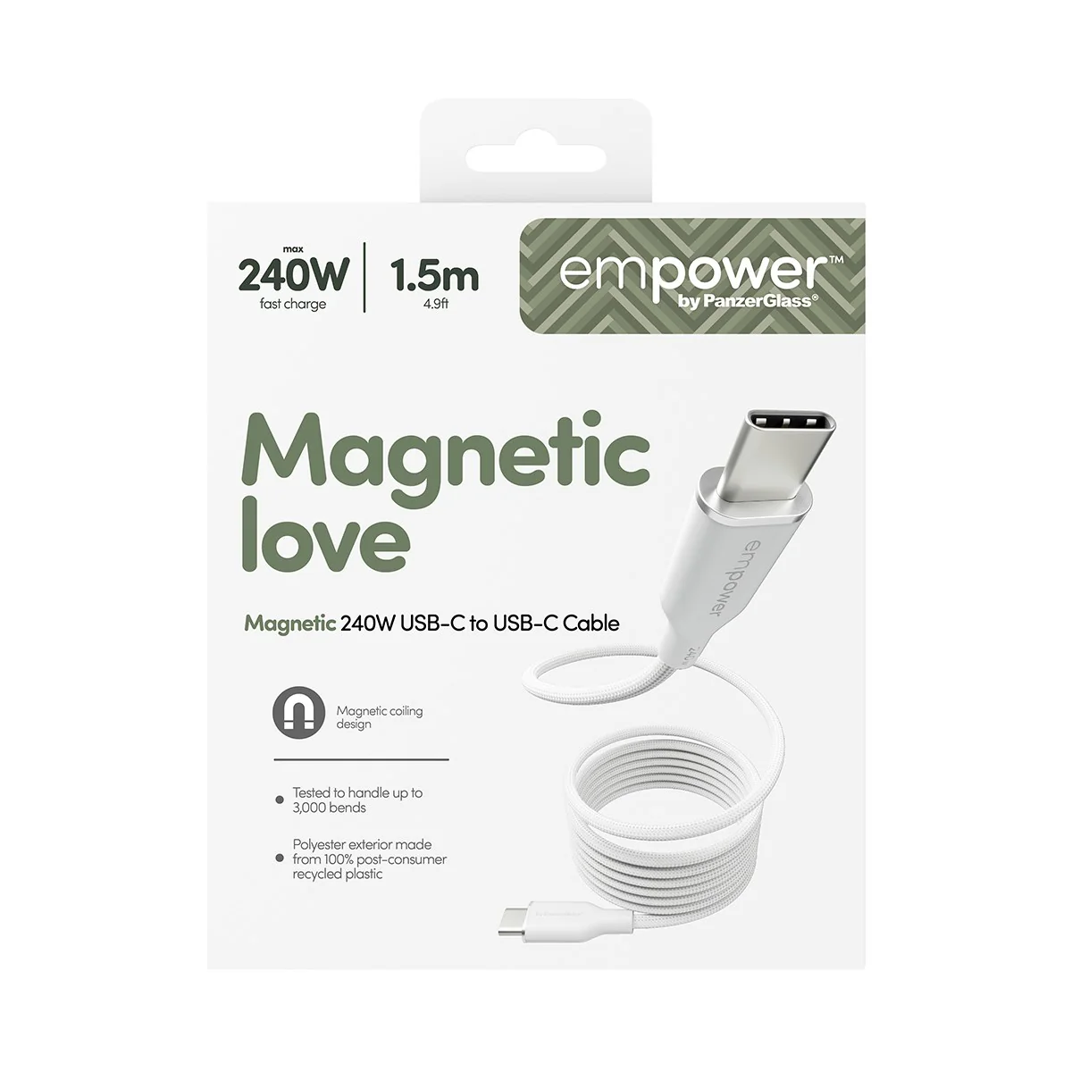 empower™ by PanzerGlass® Magnetic 240W USB-C to USB-C Cable | USB 2.0 | 1.5M | Silver White - Image 3