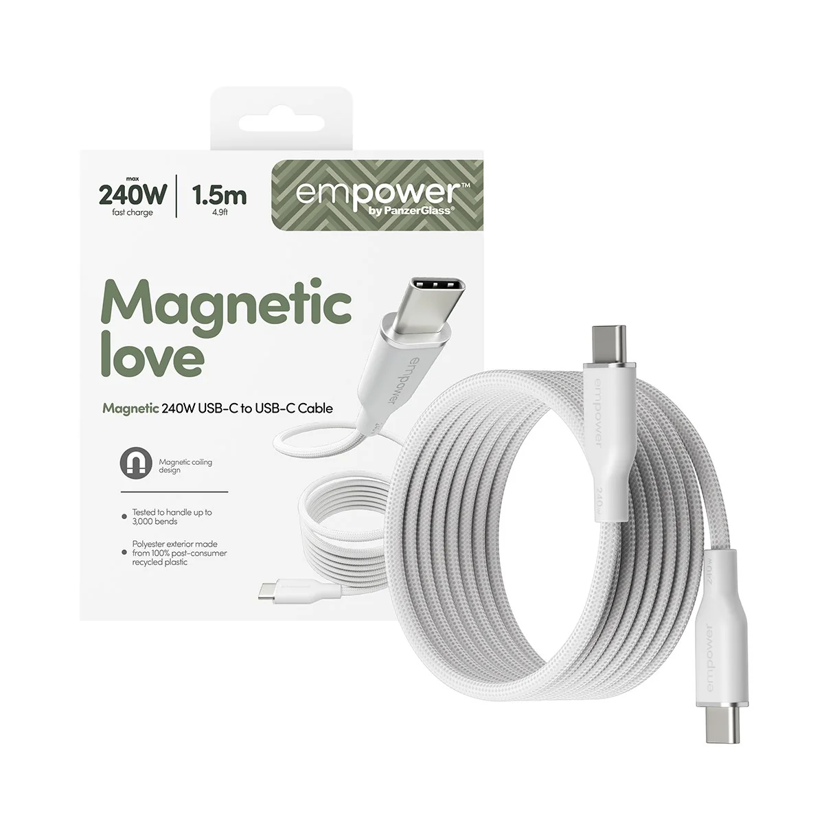 empower™ by PanzerGlass® Magnetic 240W USB-C to USB-C Cable | USB 2.0 | 1.5M | Silver White - Image 5