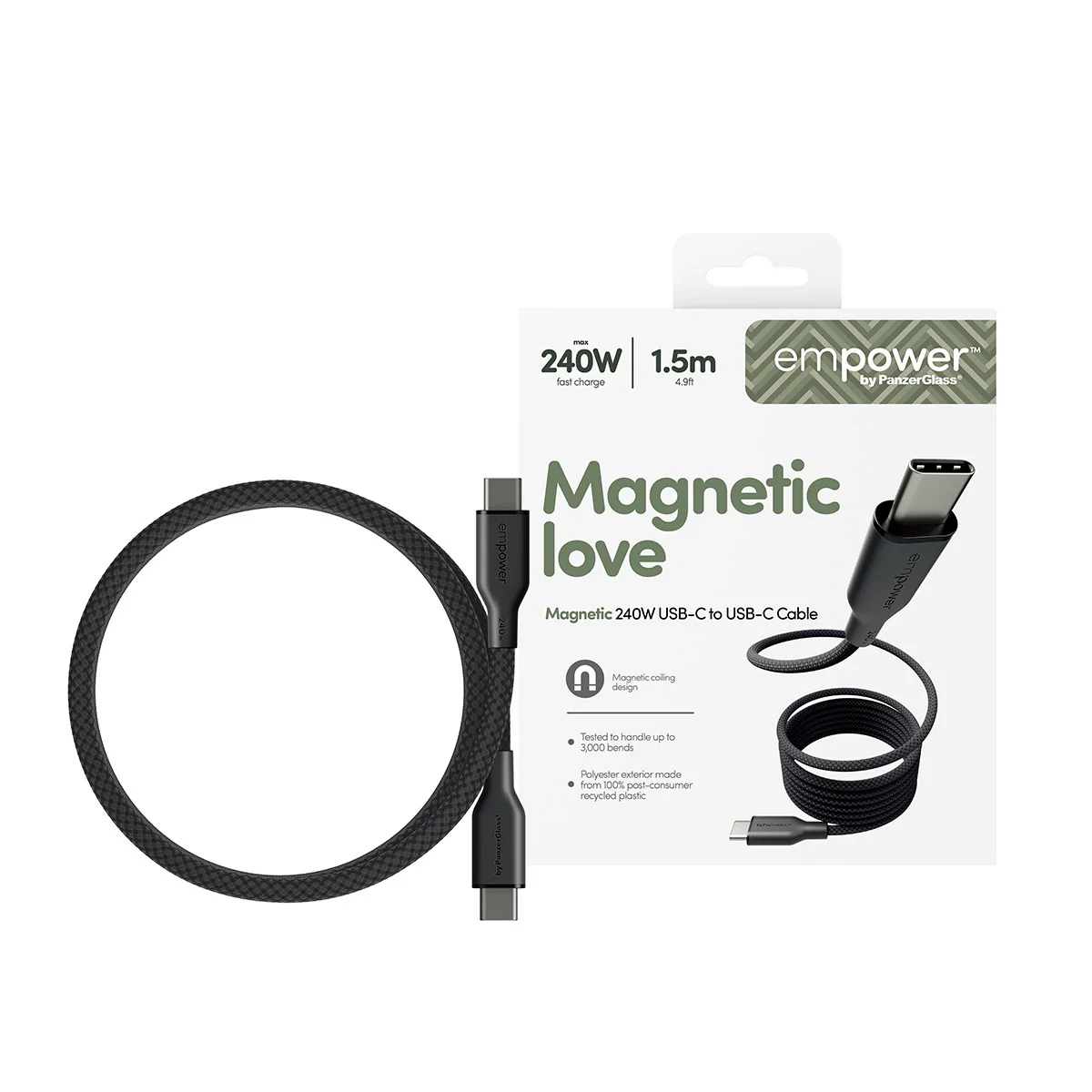 empower™ by PanzerGlass® Magnetic 240W USB-C to USB-C Cable | USB 2.0 | 1.5M | Space Black - Image 2