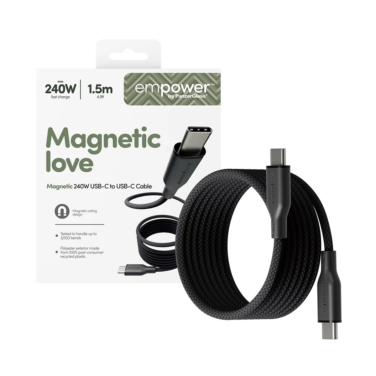 empower™ by PanzerGlass® Magnetic 240W USB-C to USB-C Cable | USB 2.0 | 1.5M | Space Black - Image 5