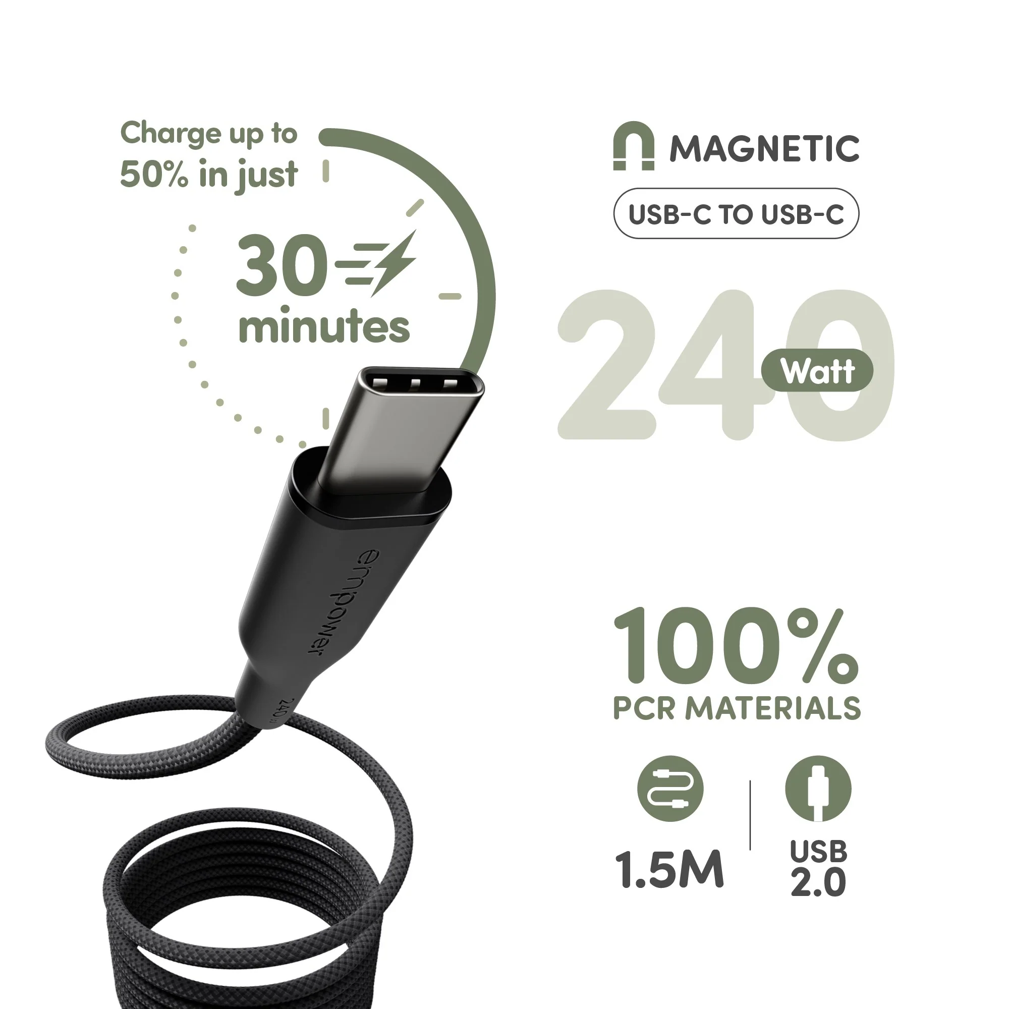 empower™ by PanzerGlass® Magnetic 240W USB-C to USB-C Cable | USB 2.0 | 1.5M | Space Black - Image 8
