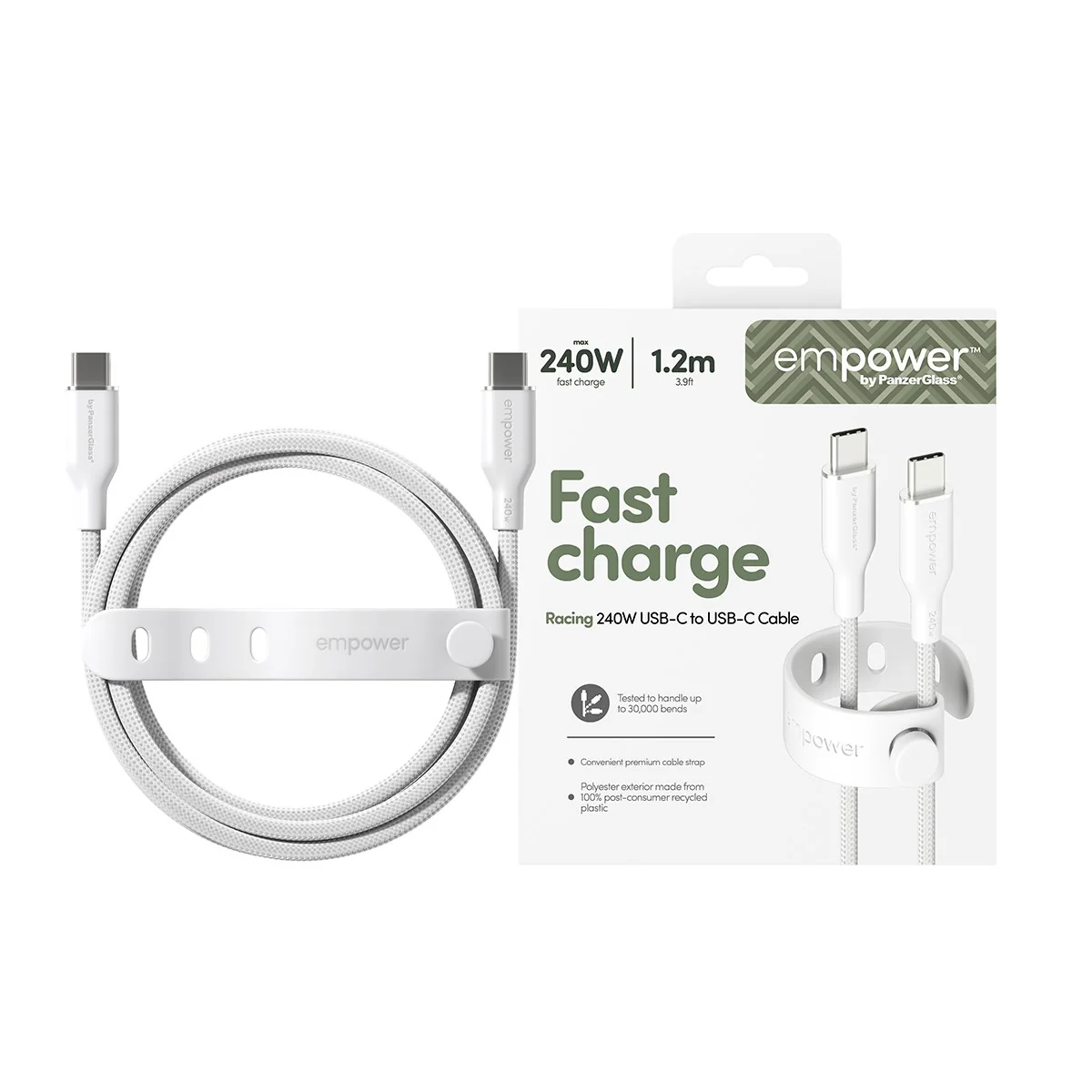 empower™ by PanzerGlass® Racing 240W USB-C to USB-C Cable | USB 2.0 | 1.2M | Silver White - Image 2