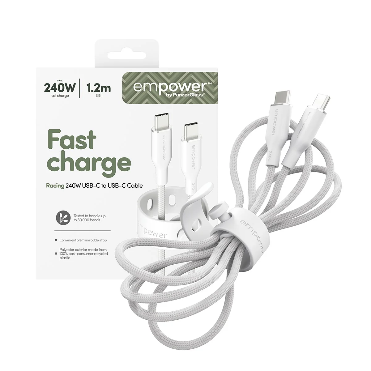 empower™ by PanzerGlass® Racing 240W USB-C to USB-C Cable | USB 2.0 | 1.2M | Silver White - Image 5