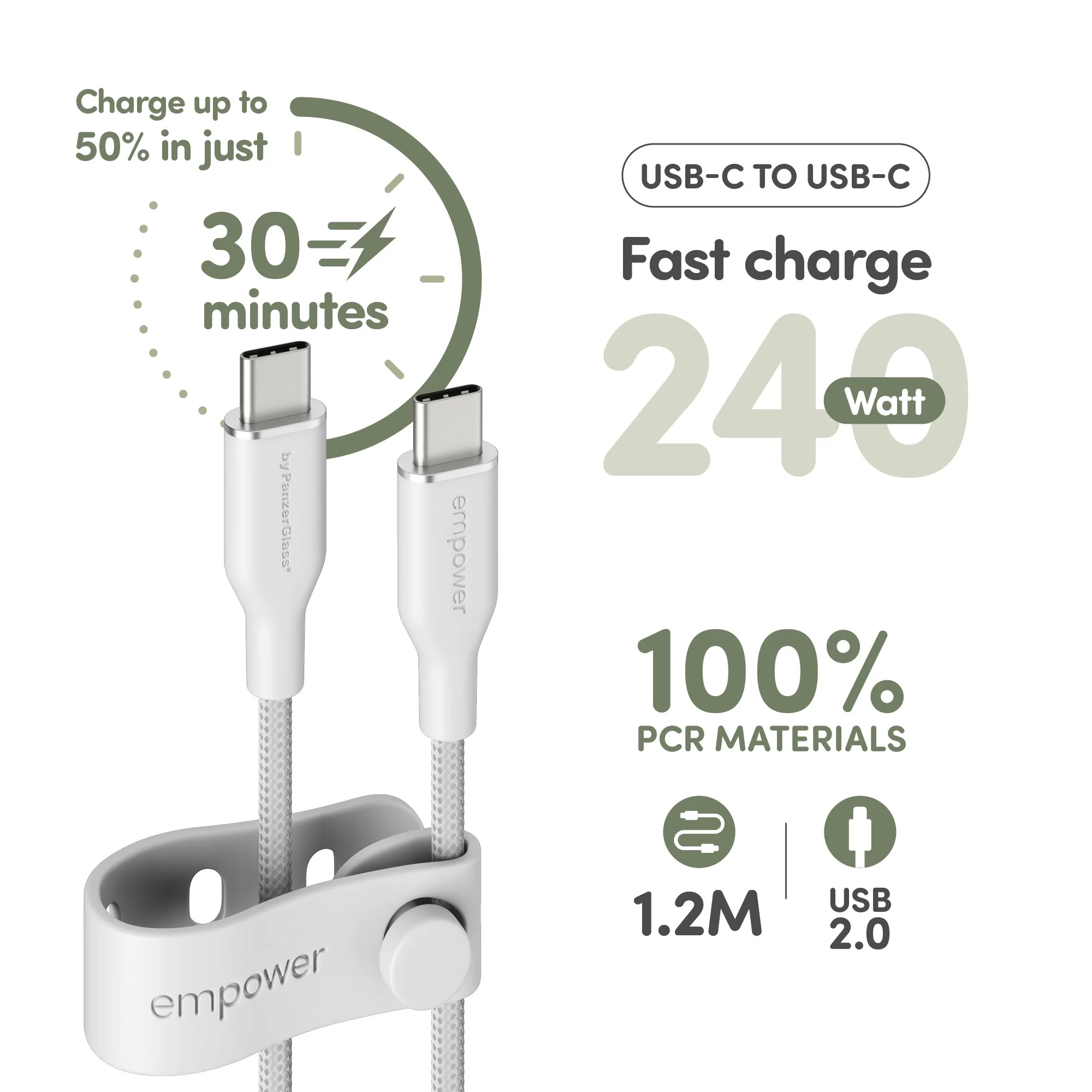empower™ by PanzerGlass® Racing 240W USB-C to USB-C Cable | USB 2.0 | 1.2M | Silver White - Image 7
