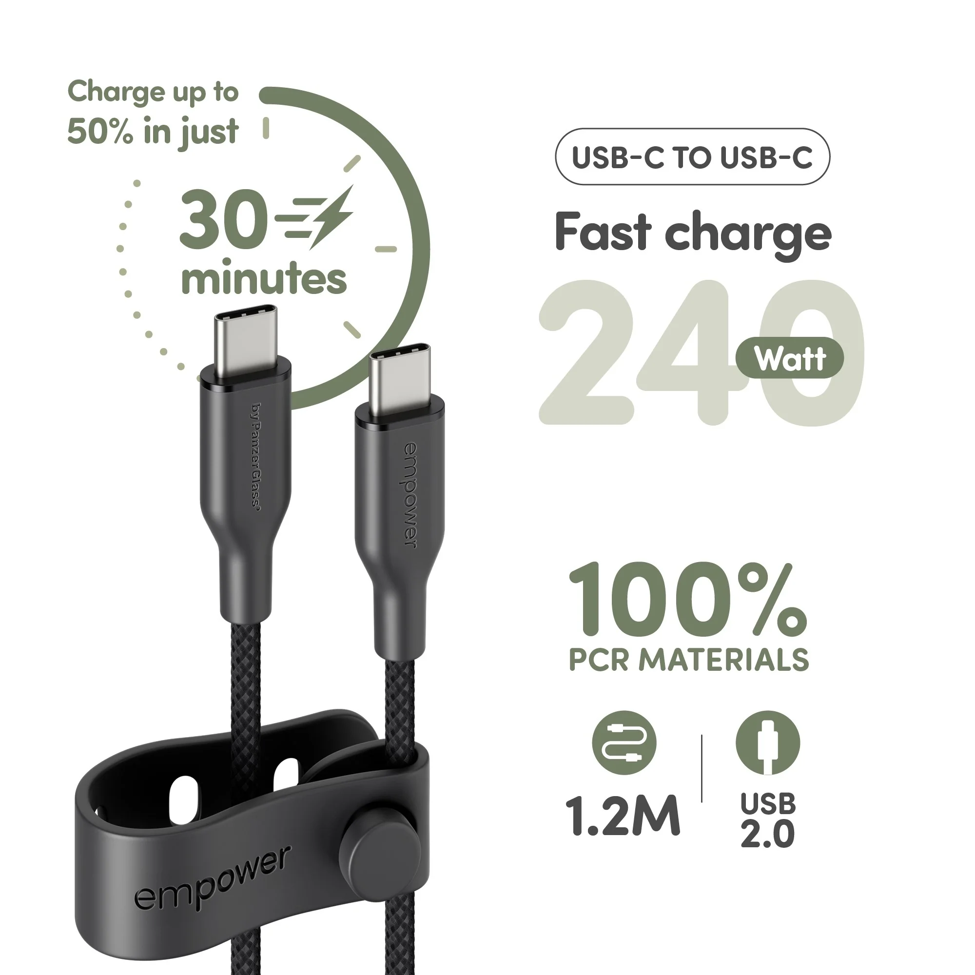 empower™ by PanzerGlass® Racing 240W USB-C to USB-C Cable | USB 2.0 | 1.2M | Space Black - Image 8