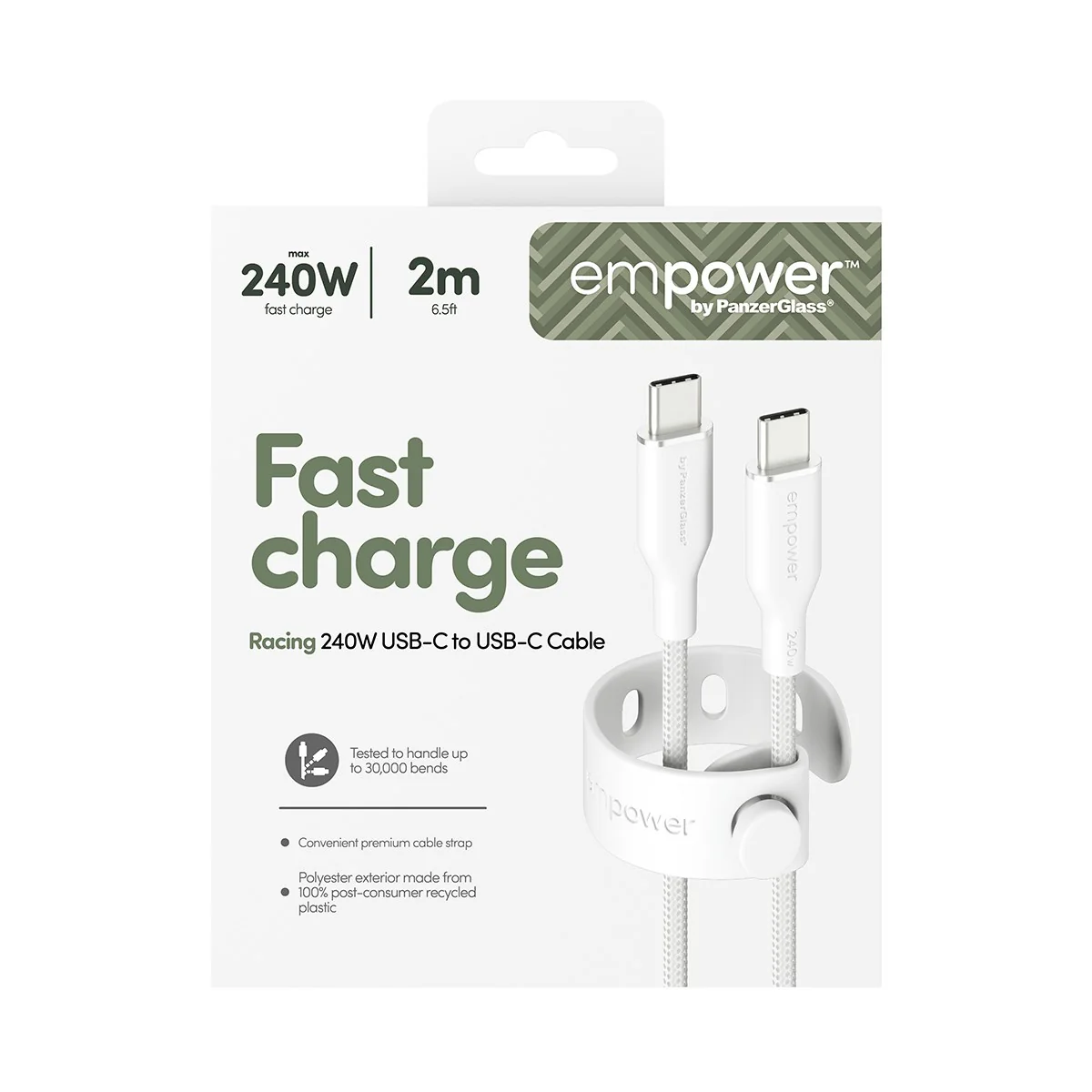 empower™ by PanzerGlass® Racing 240W USB-C to USB-C Cable | USB 2.0 | 2M | Silver White - Image 3