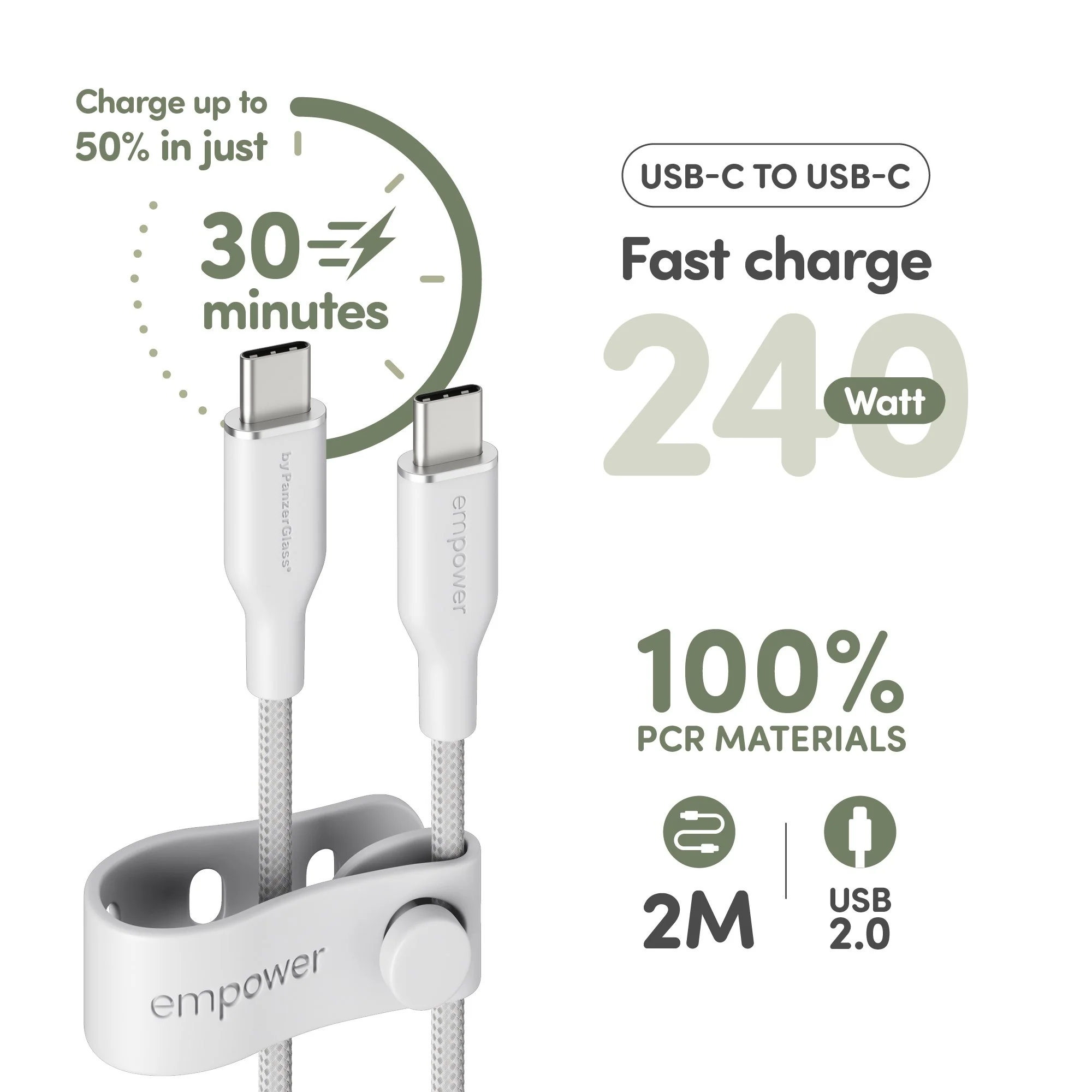 empower™ by PanzerGlass® Racing 240W USB-C to USB-C Cable | USB 2.0 | 2M | Silver White - Image 8