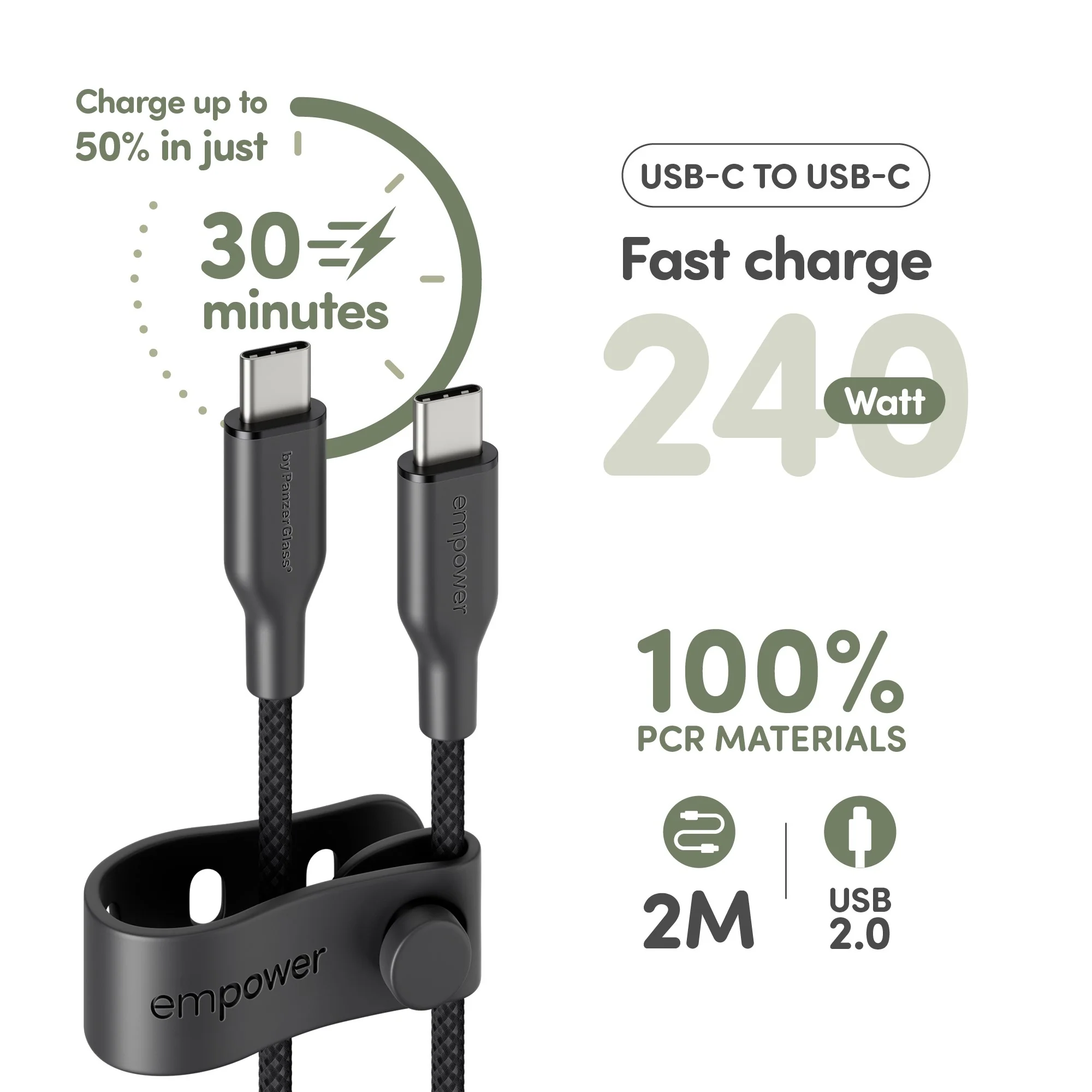 empower™ by PanzerGlass® Racing 240W USB-C to USB-C Cable | USB 2.0 | 2M | Space Black - Image 8
