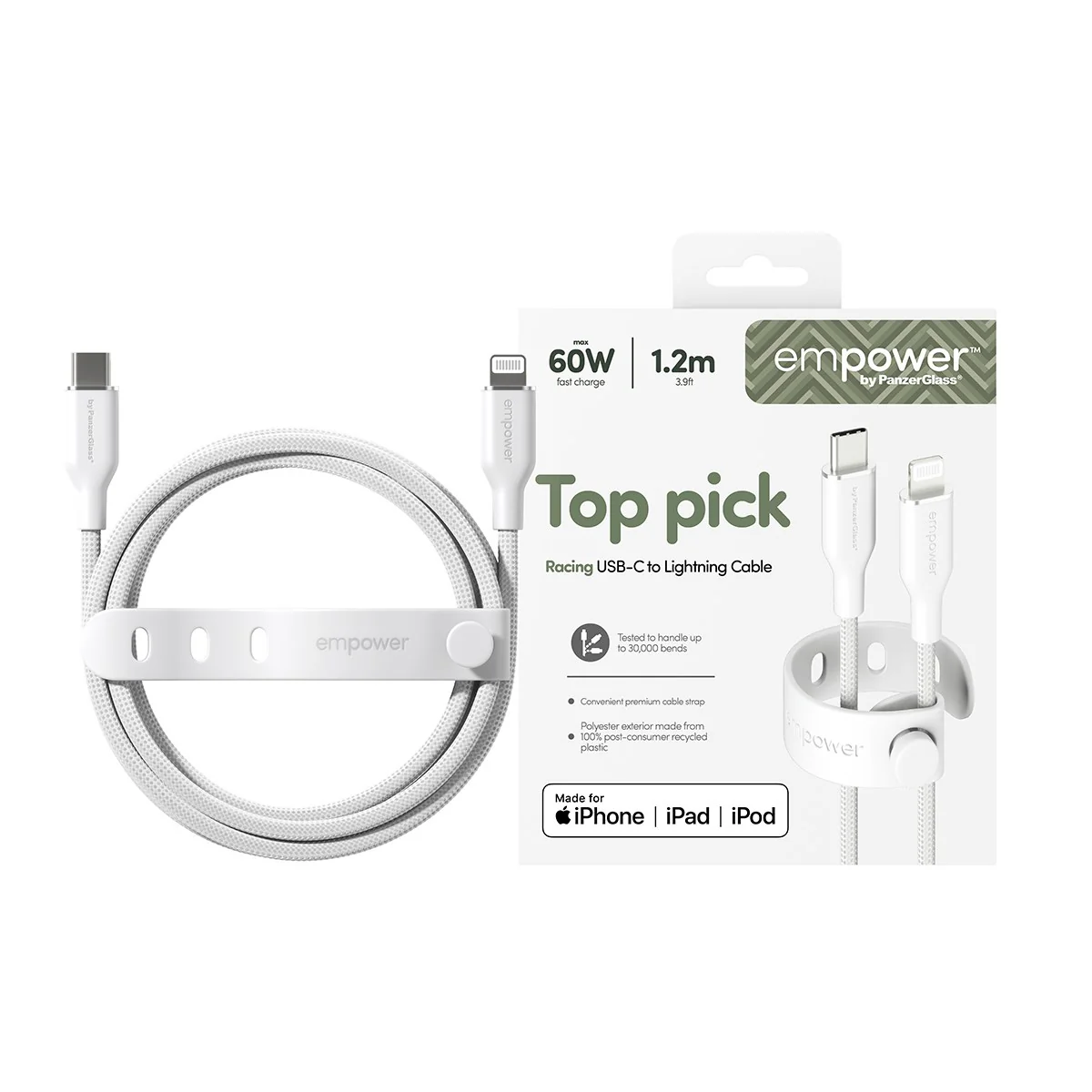 empower™ by PanzerGlass® Racing 60W USB-C to Lightning Cable | USB 2.0 | 1.2M | Silver White - Image 2