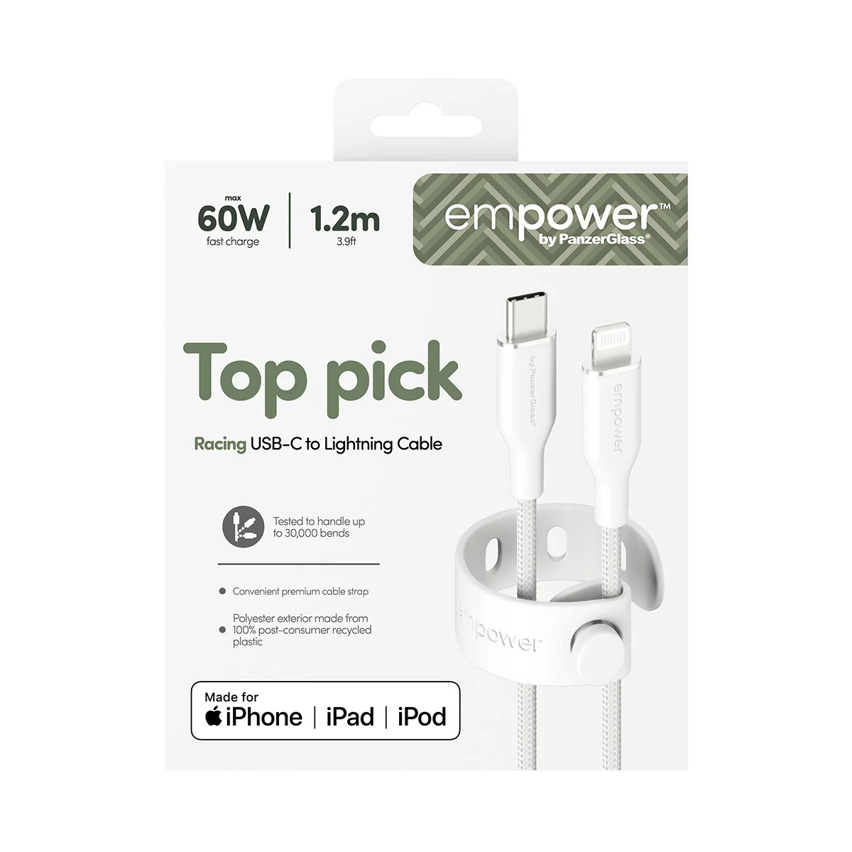 empower™ by PanzerGlass® Racing 60W USB-C to Lightning Cable | USB 2.0 | 1.2M | Silver White - Image 3
