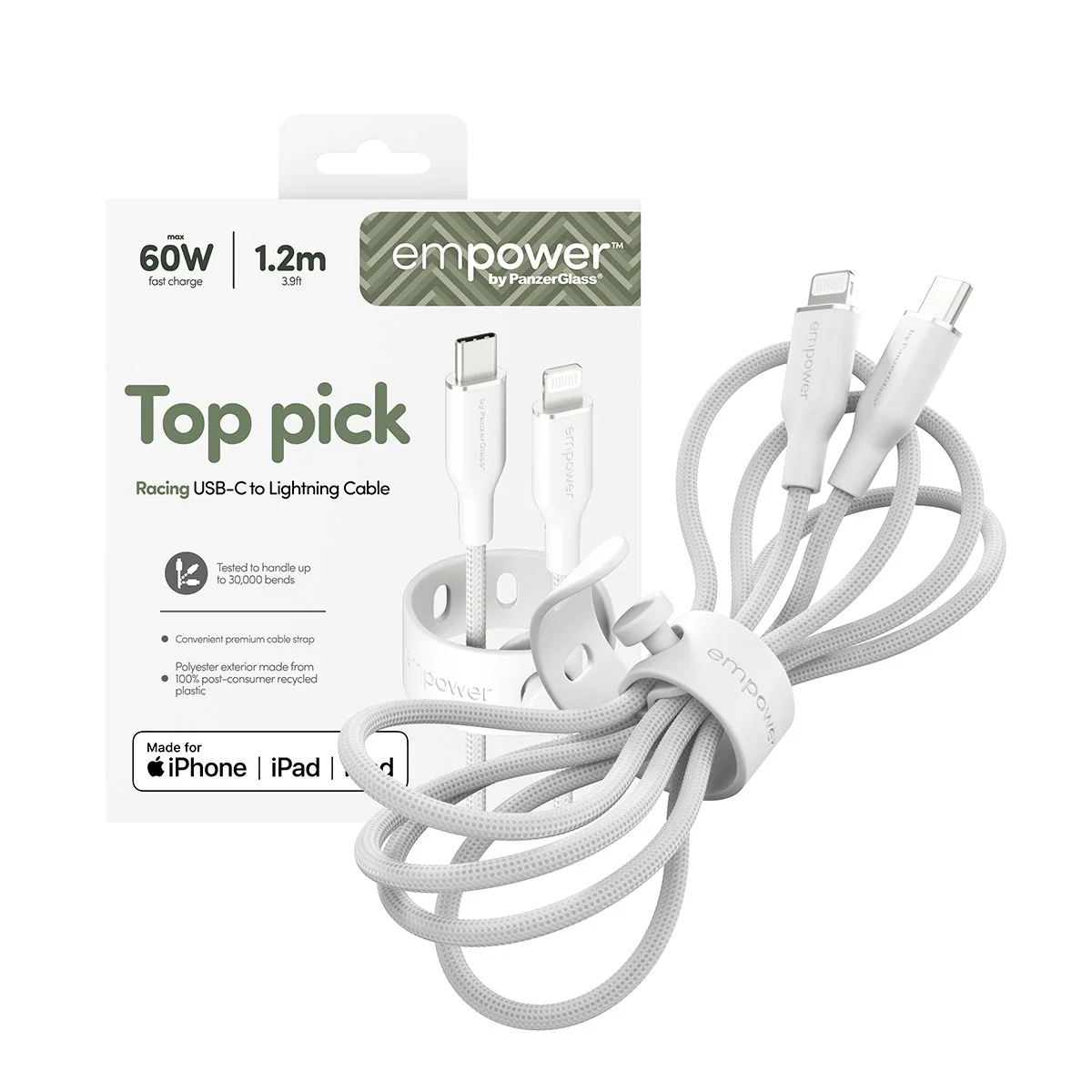 empower™ by PanzerGlass® Racing 60W USB-C to Lightning Cable | USB 2.0 | 1.2M | Silver White - Image 5