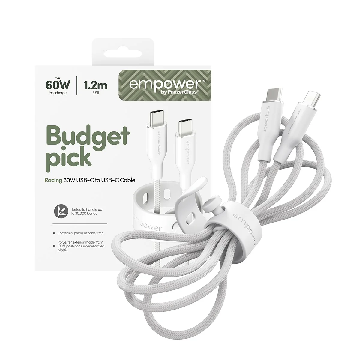 empower™ by PanzerGlass® Racing 60W USB-C to USB-C Cable | USB 2.0 | 1.2M | Silver White - Image 5