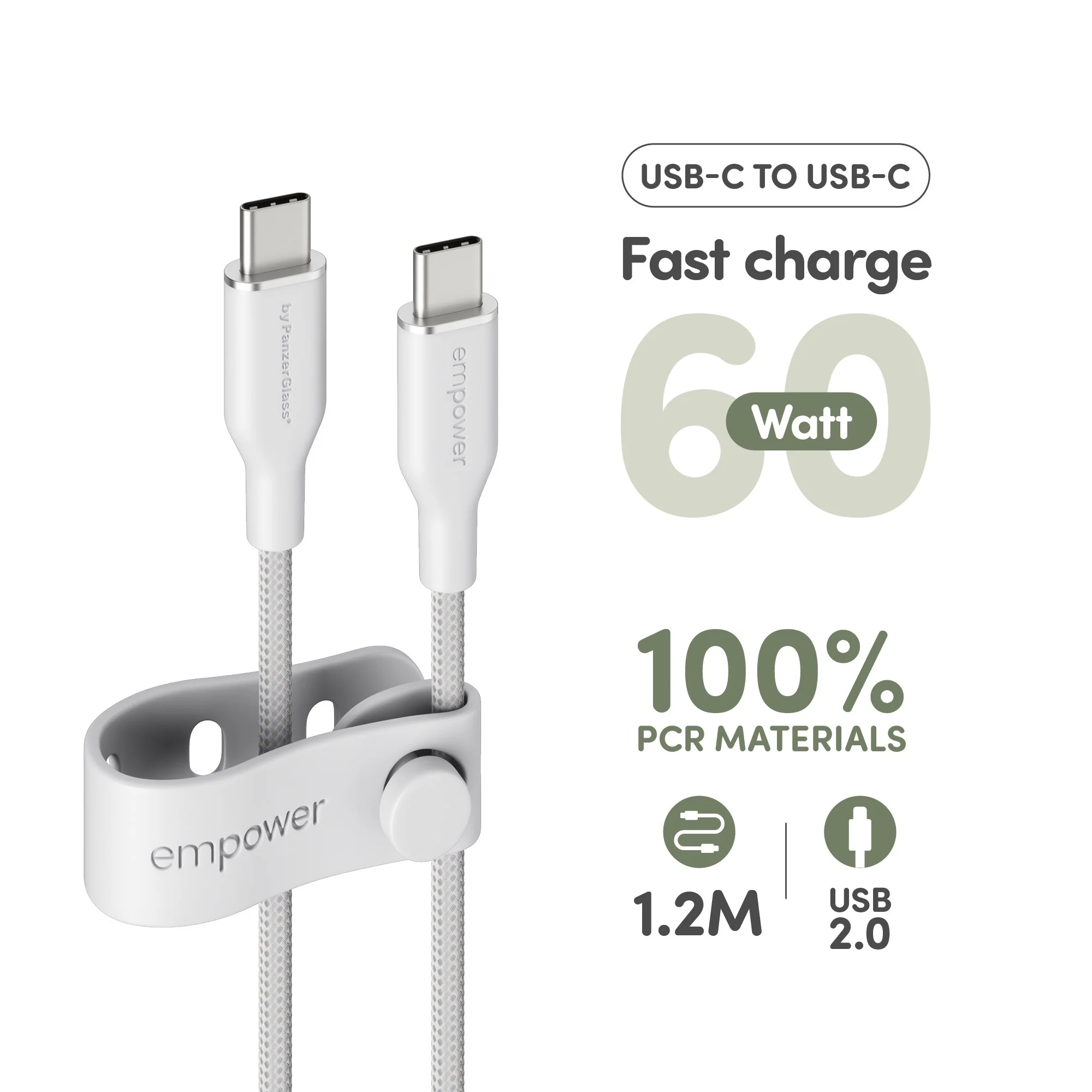 empower™ by PanzerGlass® Racing 60W USB-C to USB-C Cable | USB 2.0 | 1.2M | Silver White - Image 8