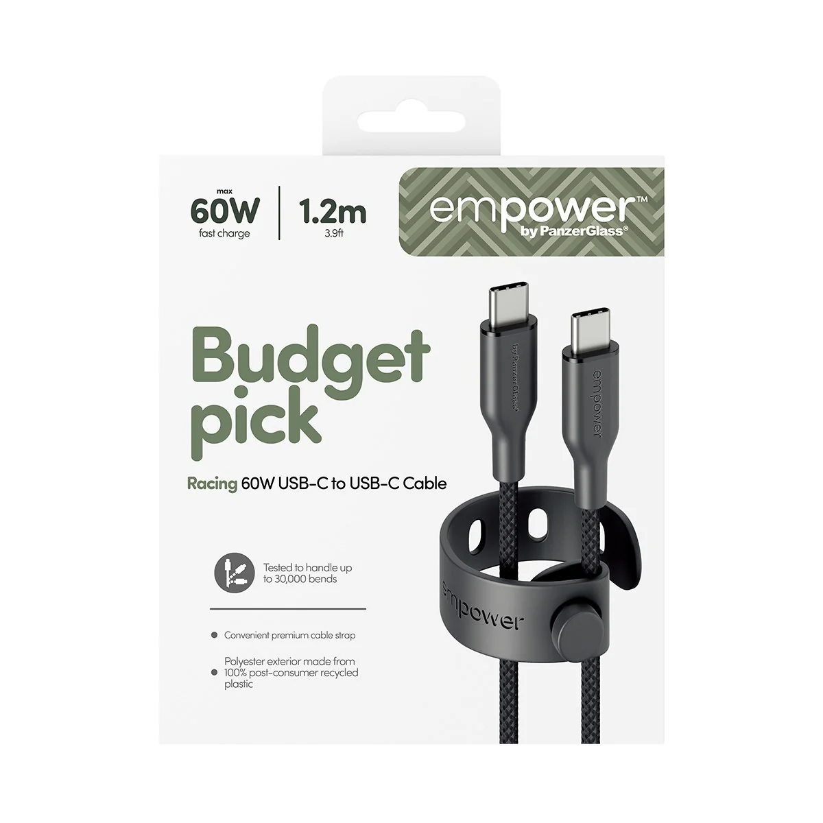 empower™ by PanzerGlass® Racing 60W USB-C to USB-C Cable | USB 2.0 | 1.2M | Space Black - Image 3