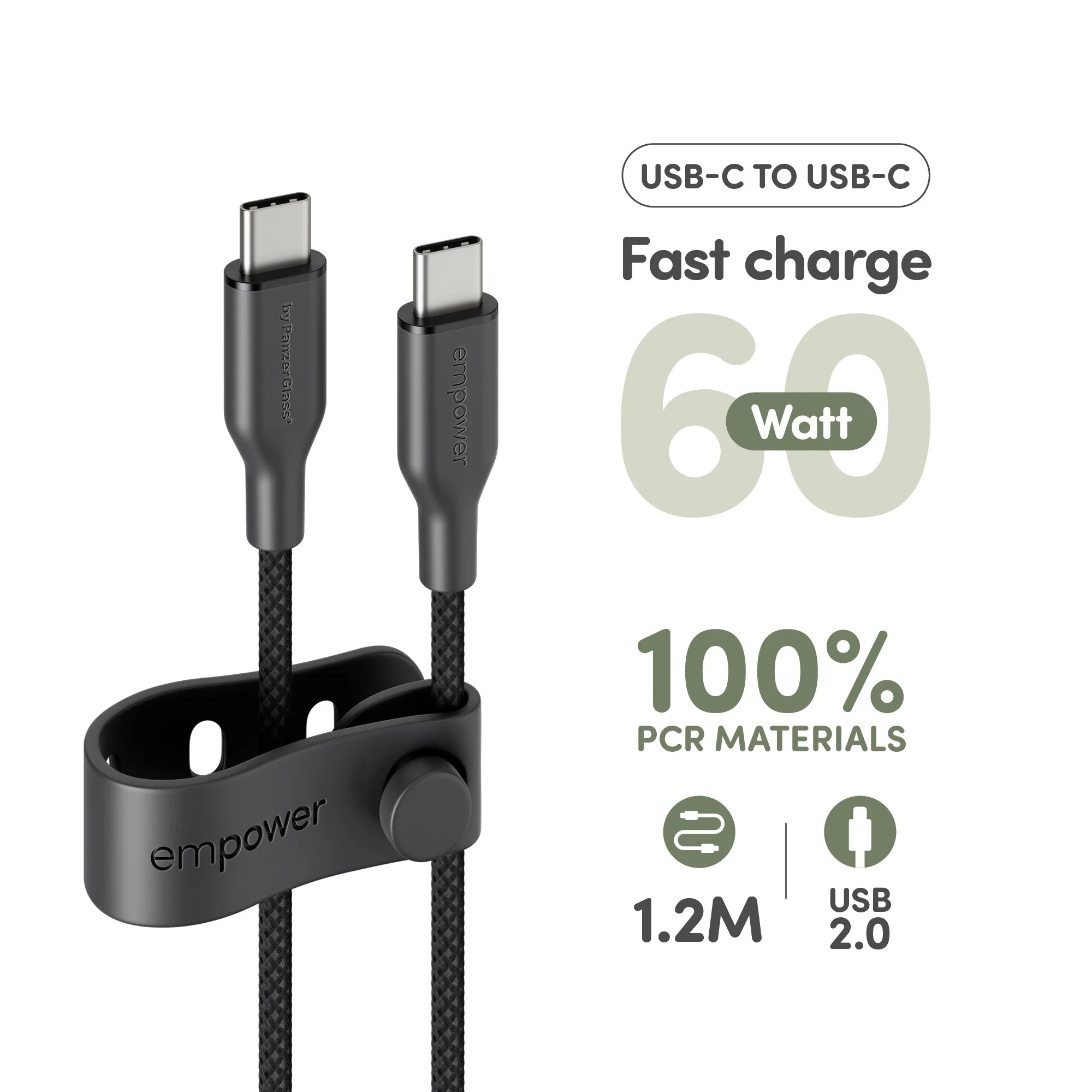 empower™ by PanzerGlass® Racing 60W USB-C to USB-C Cable | USB 2.0 | 1.2M | Space Black - Image 8