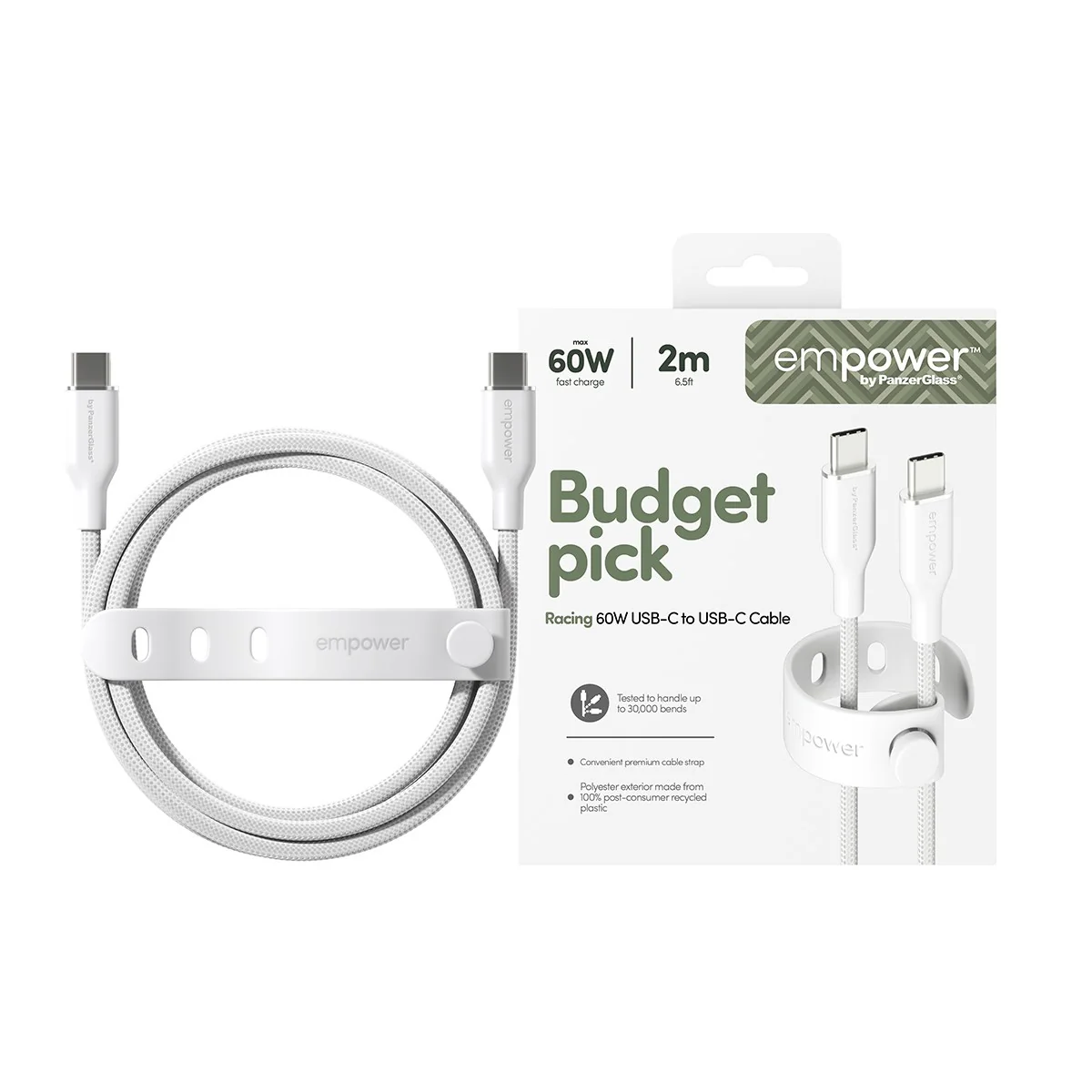 empower™ by PanzerGlass® Racing 60W USB-C to USB-C Cable | USB 2.0 | 2M | Silver White - Image 2