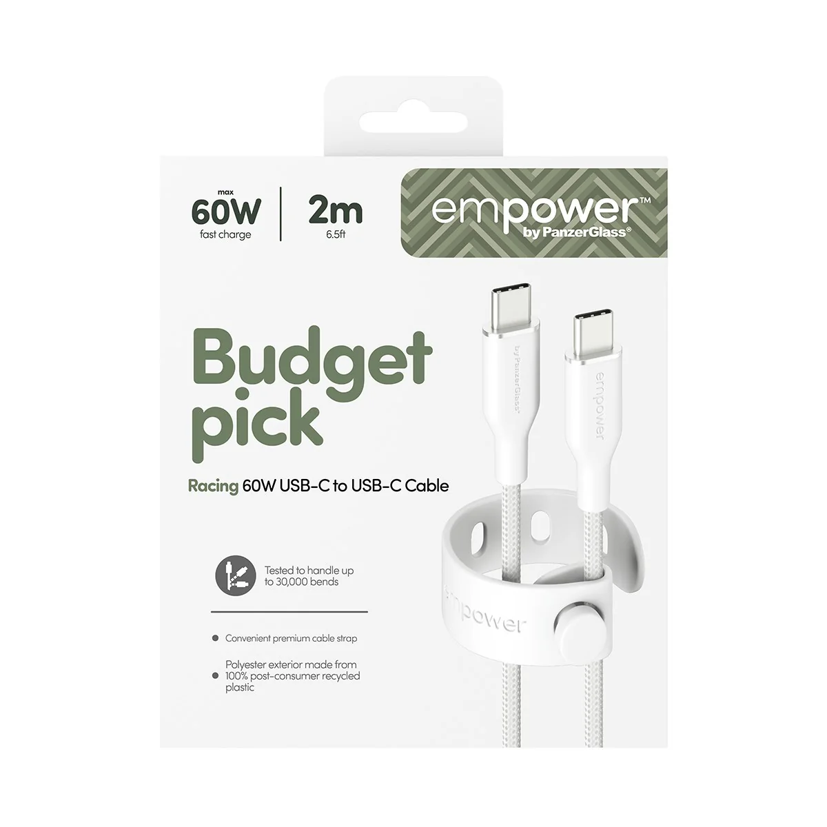 empower™ by PanzerGlass® Racing 60W USB-C to USB-C Cable | USB 2.0 | 2M | Silver White - Image 3