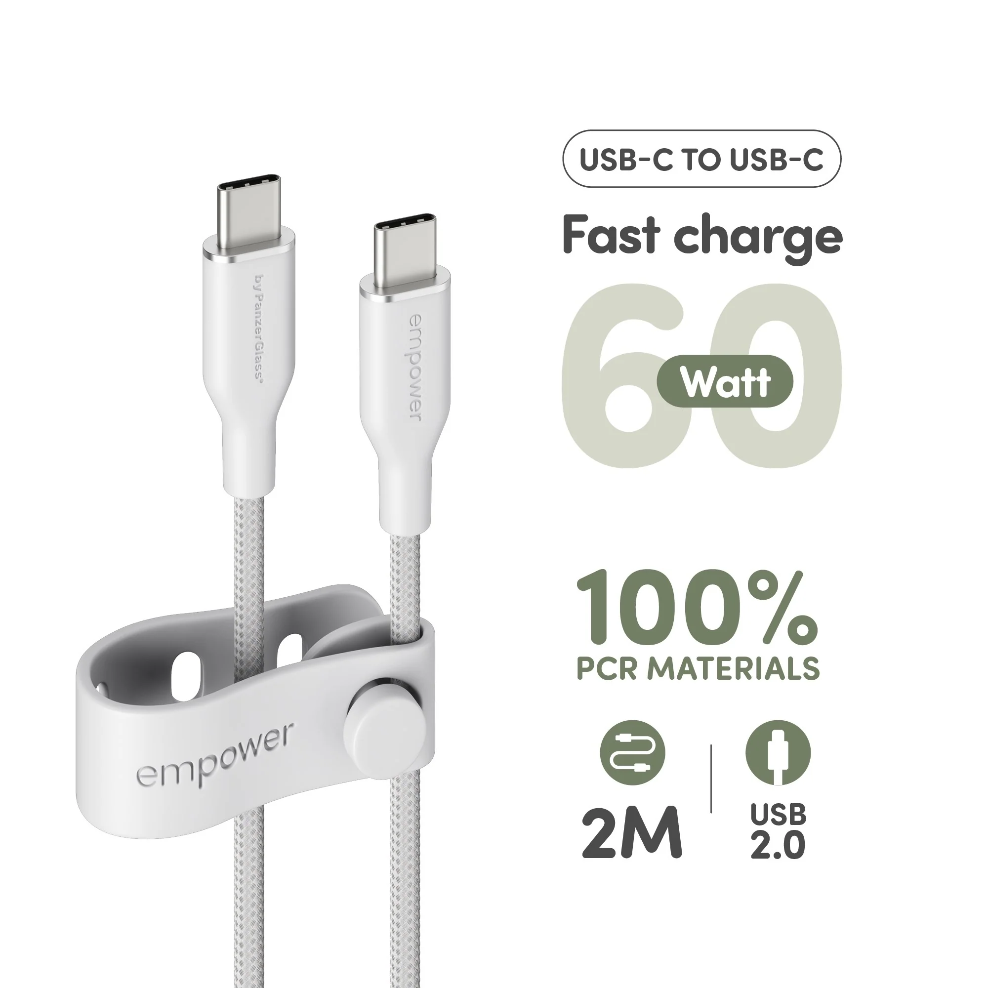 empower™ by PanzerGlass® Racing 60W USB-C to USB-C Cable | USB 2.0 | 2M | Silver White - Image 8