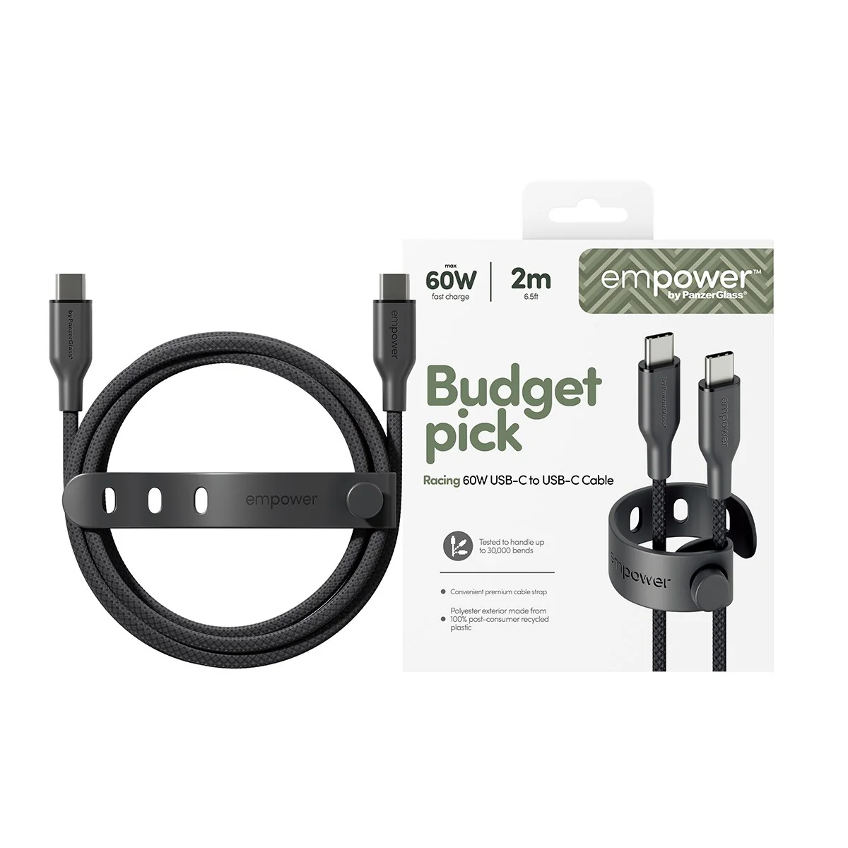 empower™ by PanzerGlass® Racing 60W USB-C to USB-C Cable | USB 2.0 | 2M | Space Black - Image 2