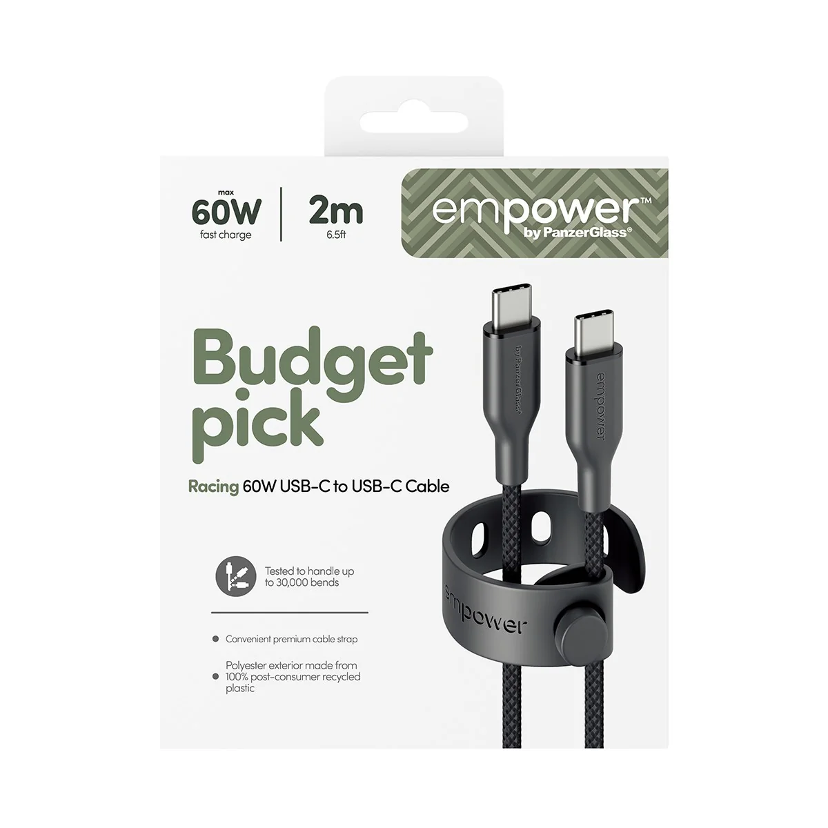 empower™ by PanzerGlass® Racing 60W USB-C to USB-C Cable | USB 2.0 | 2M | Space Black - Image 3