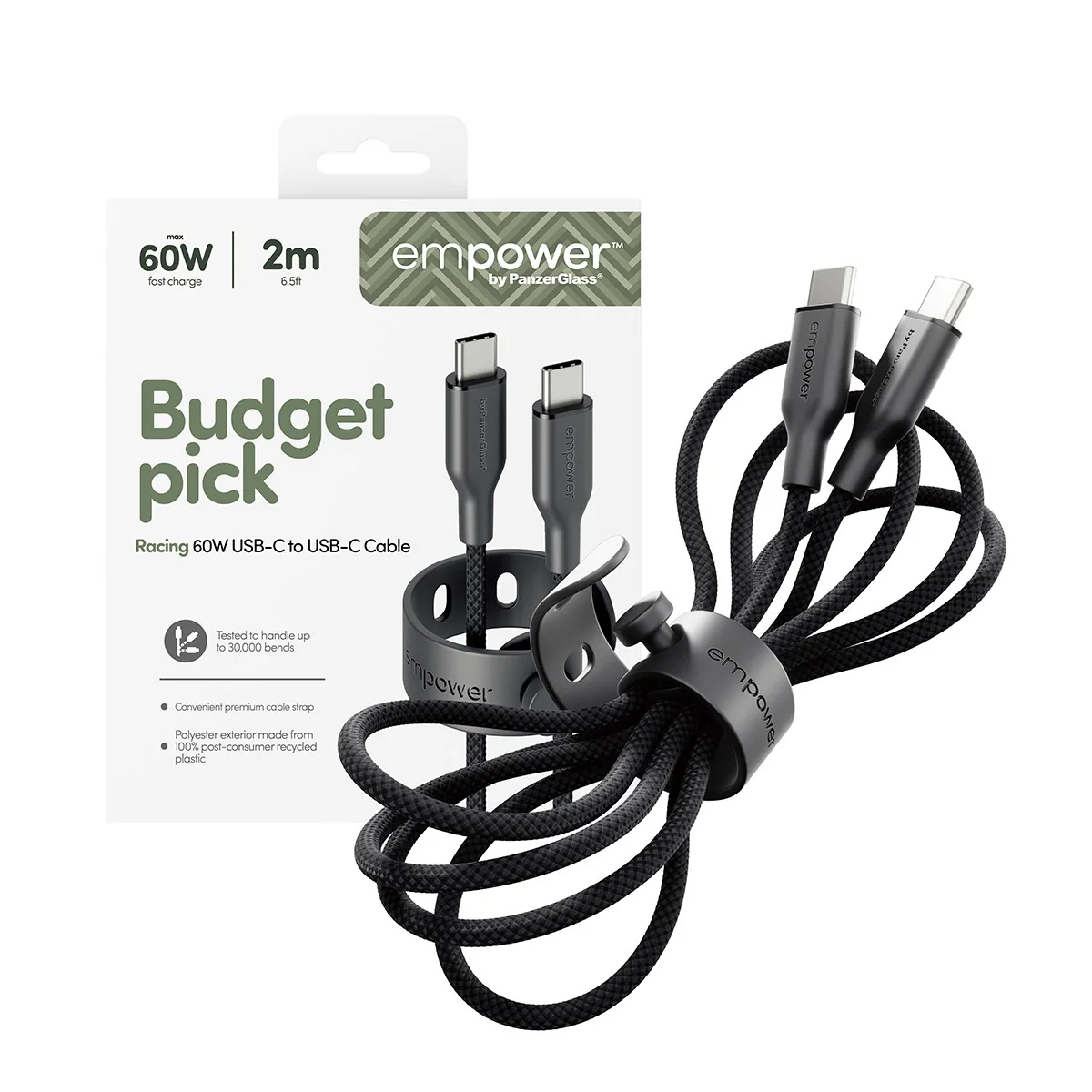 empower™ by PanzerGlass® Racing 60W USB-C to USB-C Cable | USB 2.0 | 2M | Space Black - Image 5