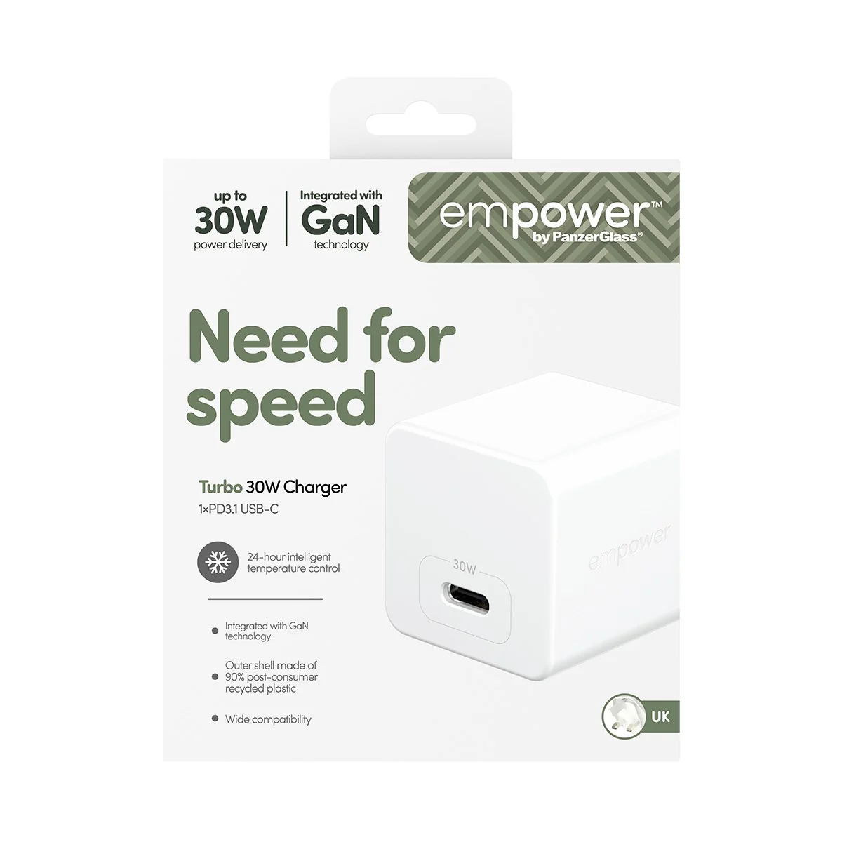 empower™ by PanzerGlass® Turbo 30W Charger Single USB-C | UK Plug | Silver White - Image 3