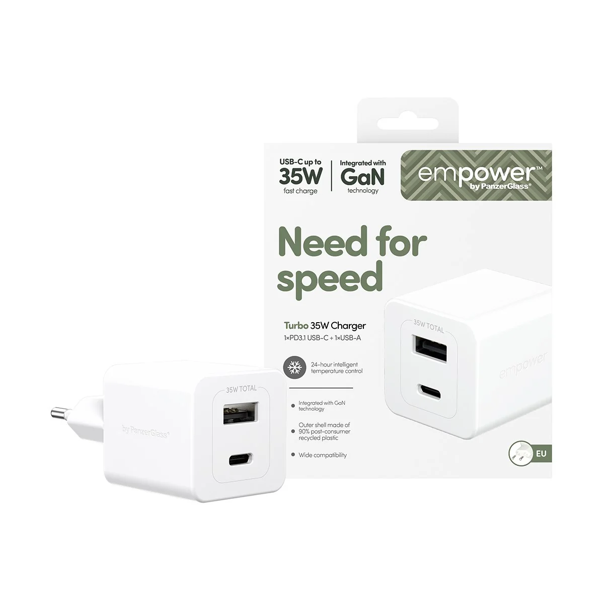 empower™ by PanzerGlass® Turbo 35W Charger incl. USB-C + USB-A | EU Plug | Silver White - Image 2