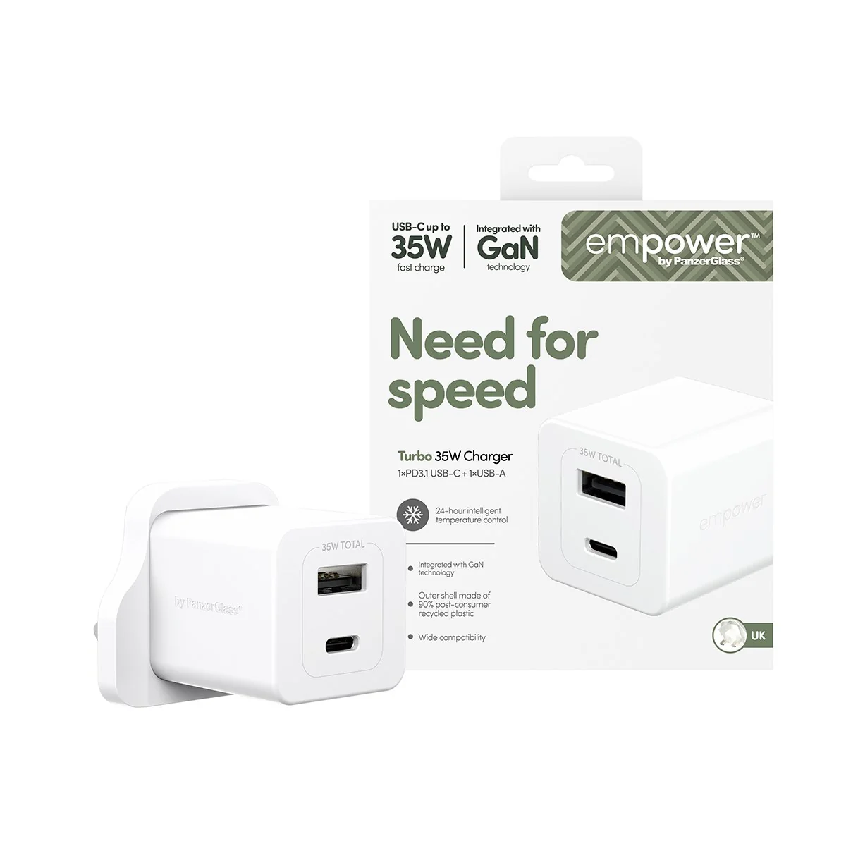 empower™ by PanzerGlass® Turbo 35W Charger incl. USB-C + USB-A | UK Plug| Silver White - Image 2