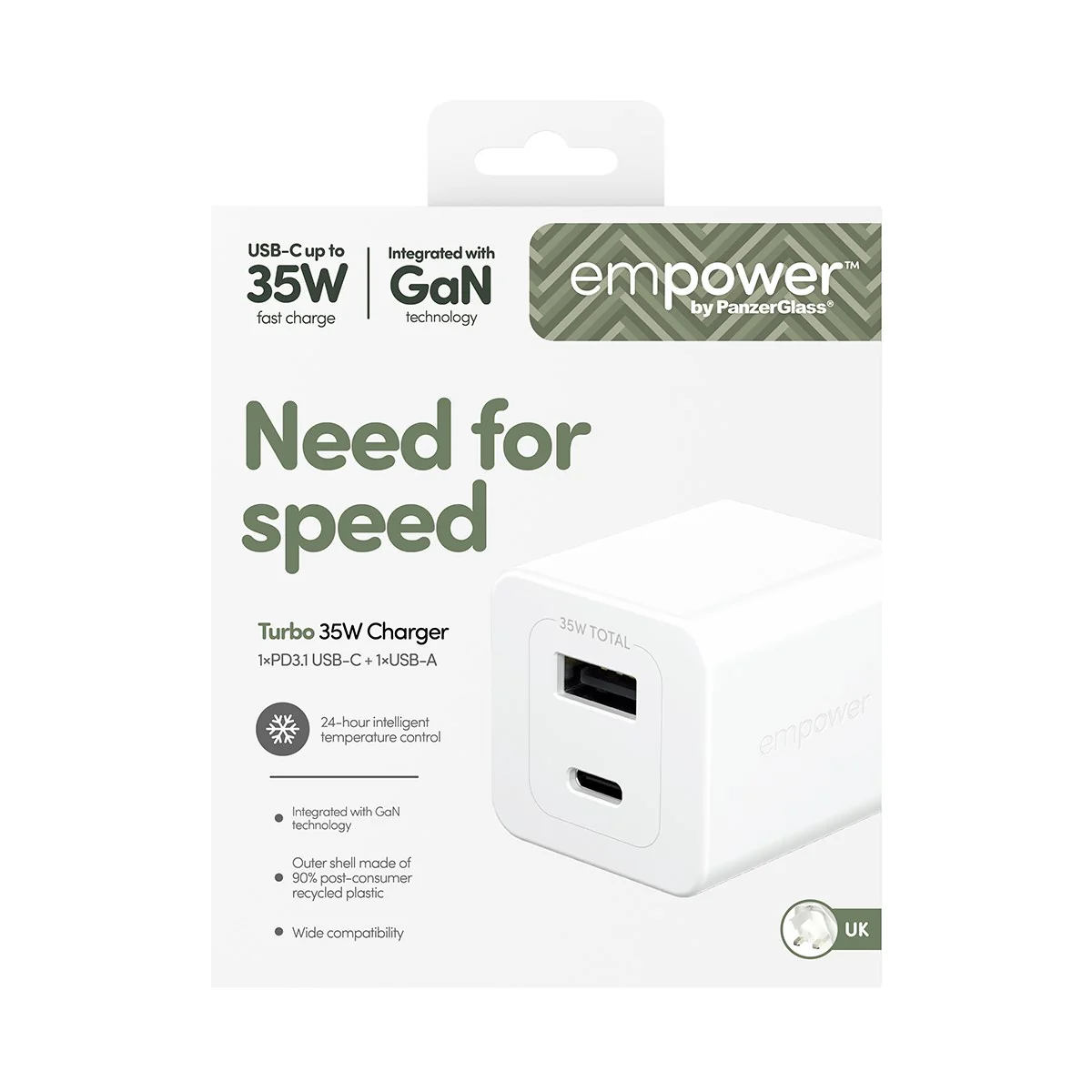empower™ by PanzerGlass® Turbo 35W Charger incl. USB-C + USB-A | UK Plug| Silver White - Image 3