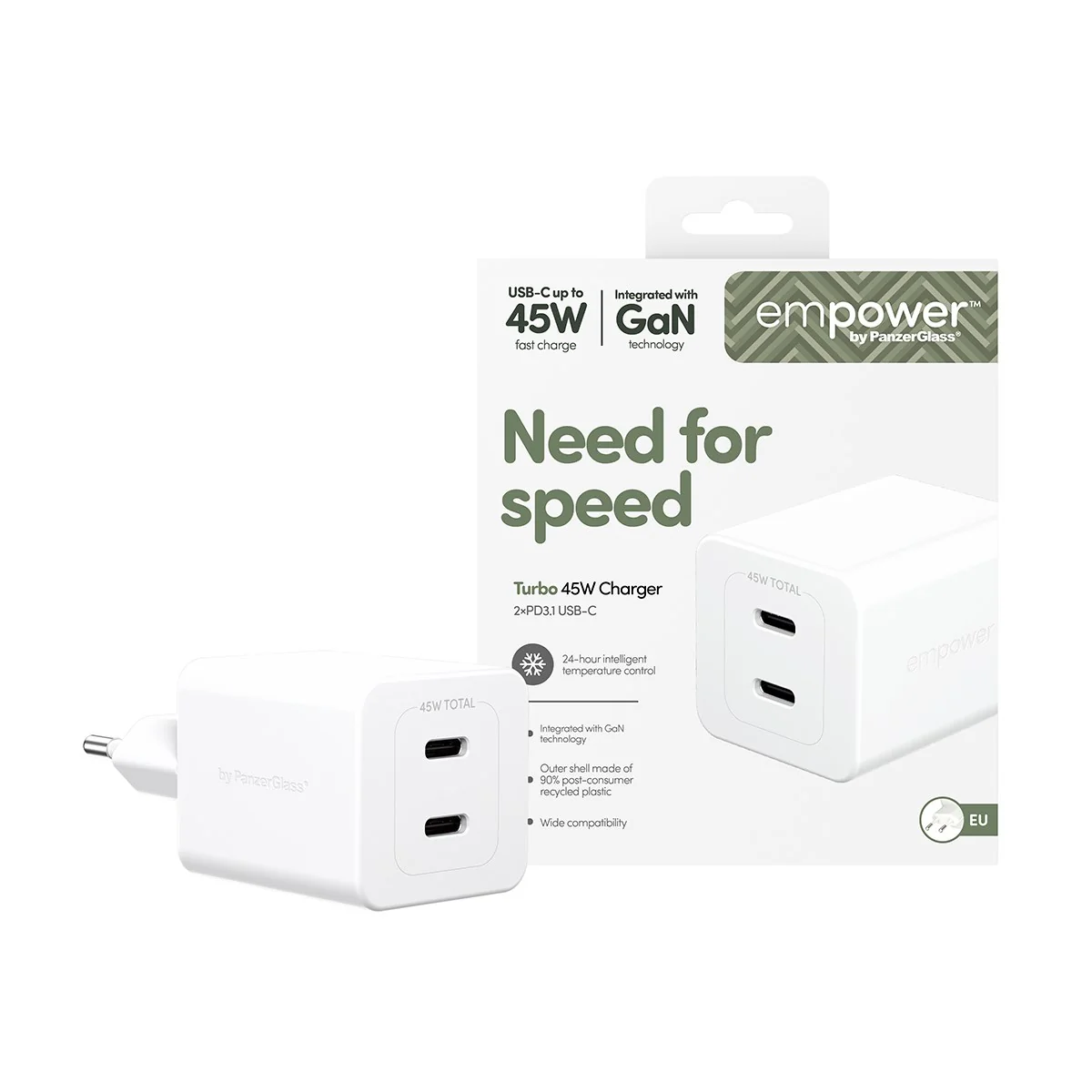 empower™ by PanzerGlass® Turbo 45W Charger incl. 2 x USB-C | EU Plug | Silver White - Image 2