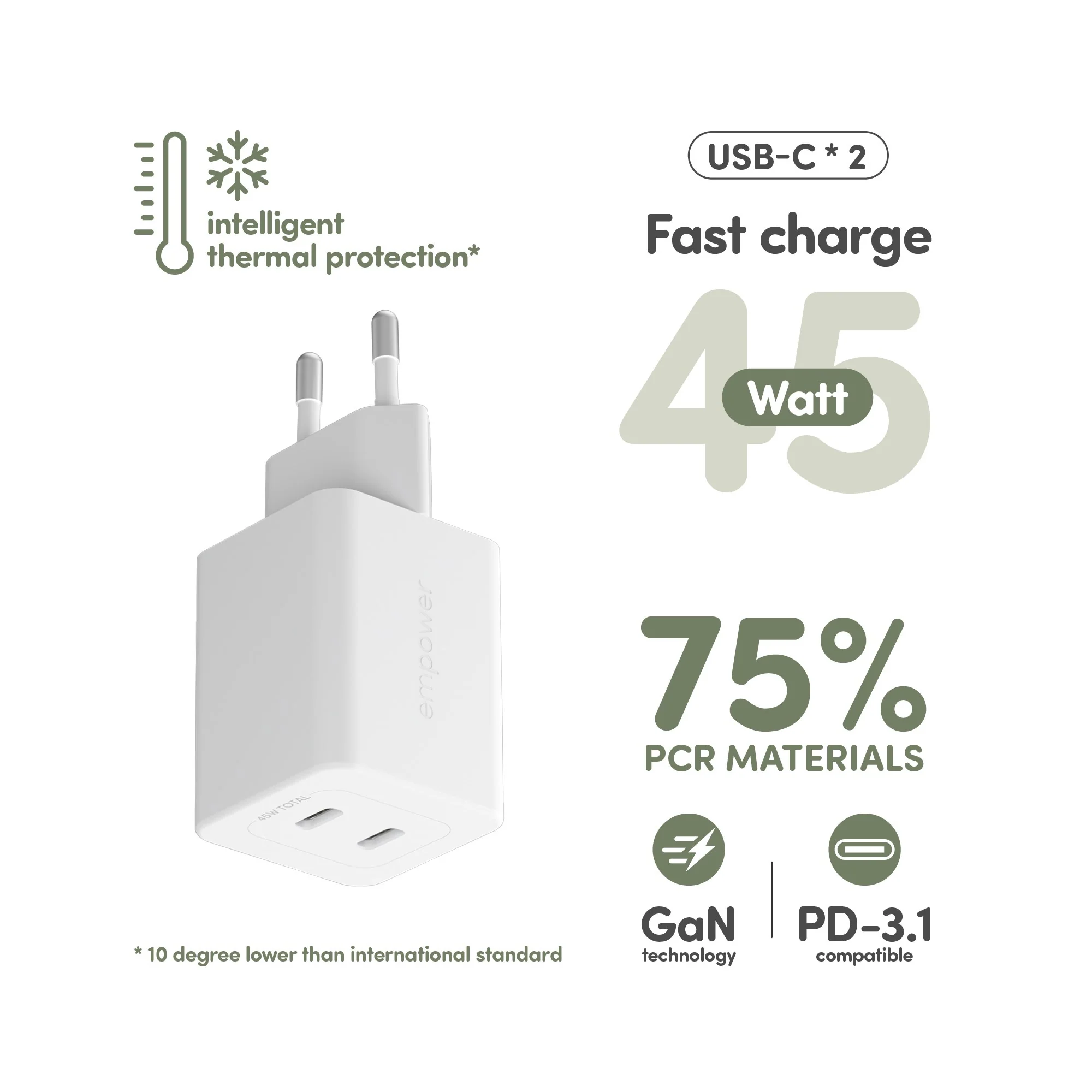 empower™ by PanzerGlass® Turbo 45W Charger incl. 2 x USB-C | EU Plug | Silver White - Image 7