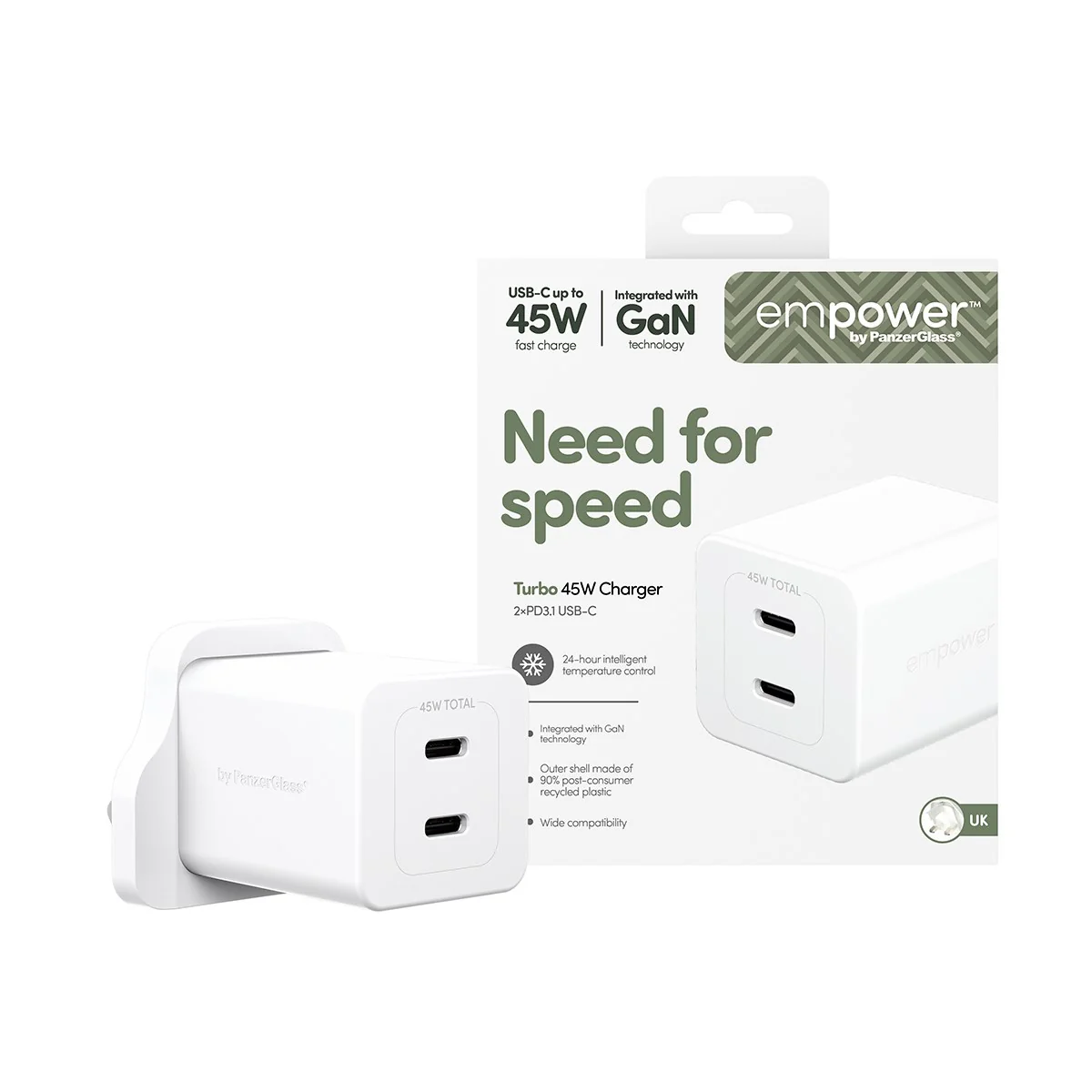 empower™ by PanzerGlass® Turbo 45W Charger incl. 2 x USB-C | UK Plug | Silver White - Image 2