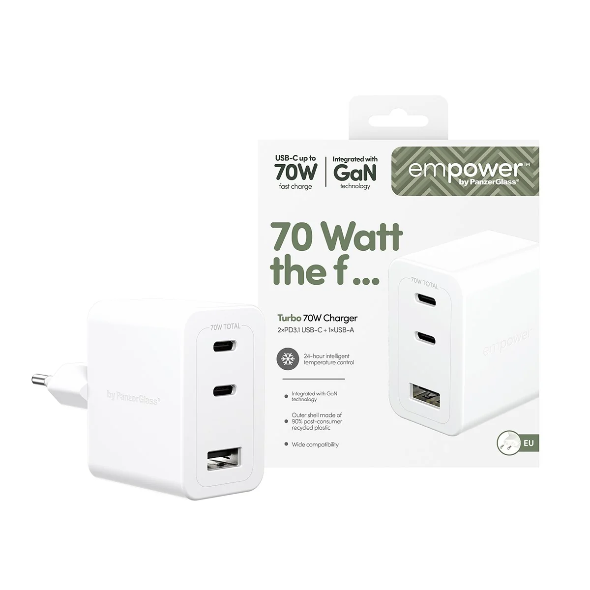 empower™ by PanzerGlass® Turbo 70W Multiple Charger incl. 2 x USB-C + USB-A | EU Plug | Silver White - Image 2