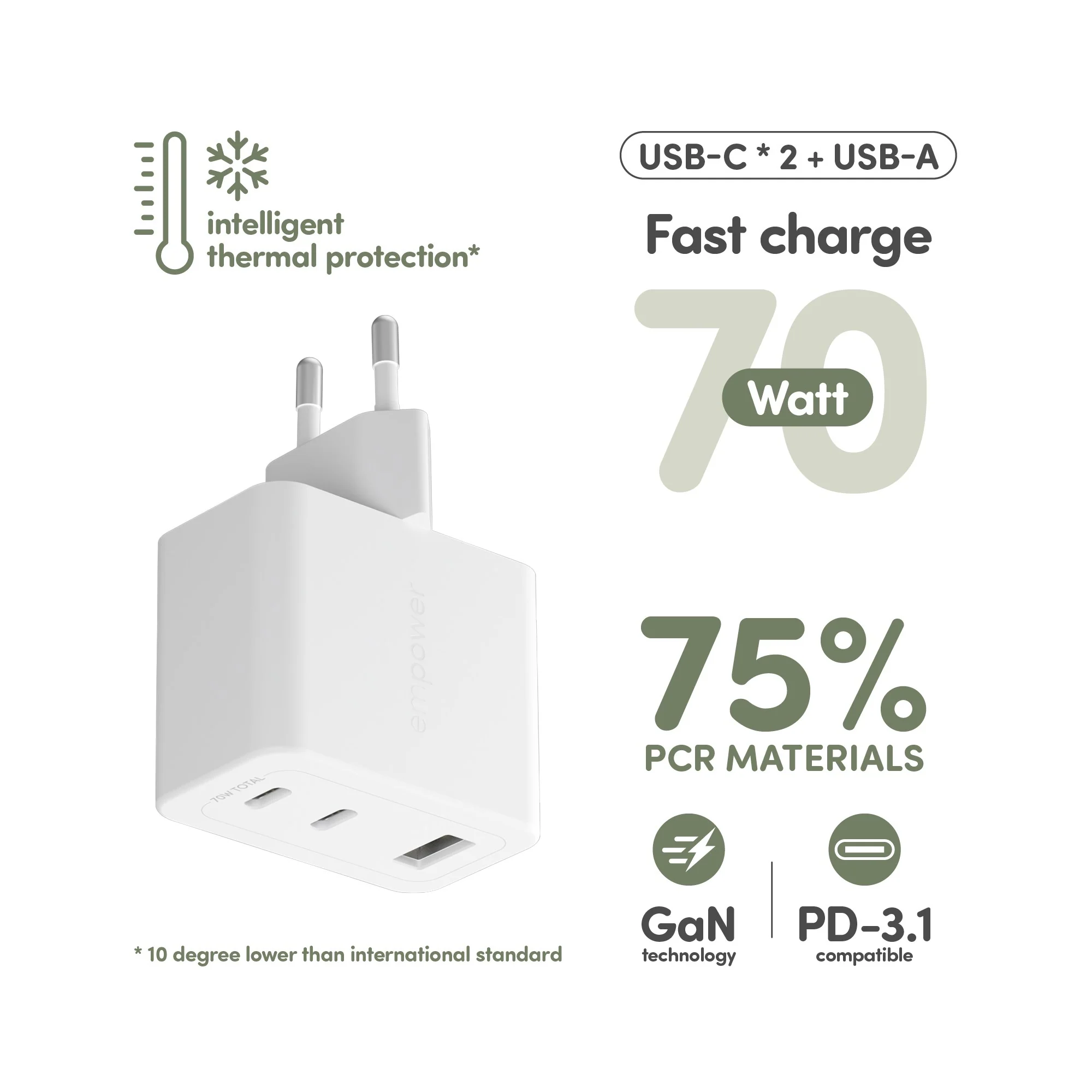 empower™ by PanzerGlass® Turbo 70W Multiple Charger incl. 2 x USB-C + USB-A | EU Plug | Silver White - Image 7