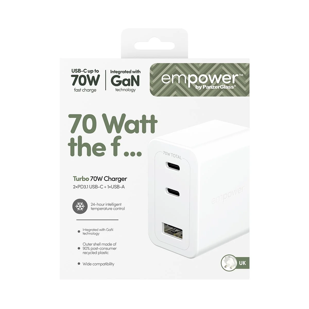 empower™ by PanzerGlass® Turbo 70W Multiple Charger incl. 2 x USB-C + USB-A | UK Plug | Silver White - Image 3