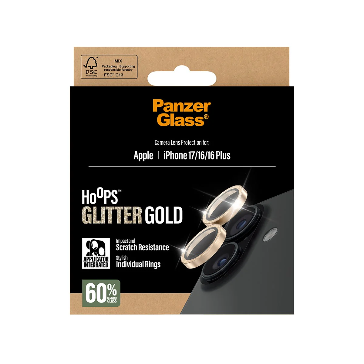 PanzerGlass® Hoops® Camera Lens Protector Glitter Gold iPhone 17 | iPhone 16 | 16 Plus - Image 3