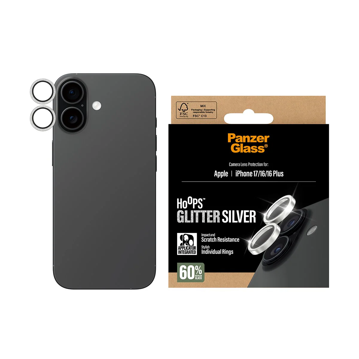 PanzerGlass® Hoops® Camera Lens Protector Glitter Silver iPhone 17 | iPhone 16 | 16 Plus - Image 2
