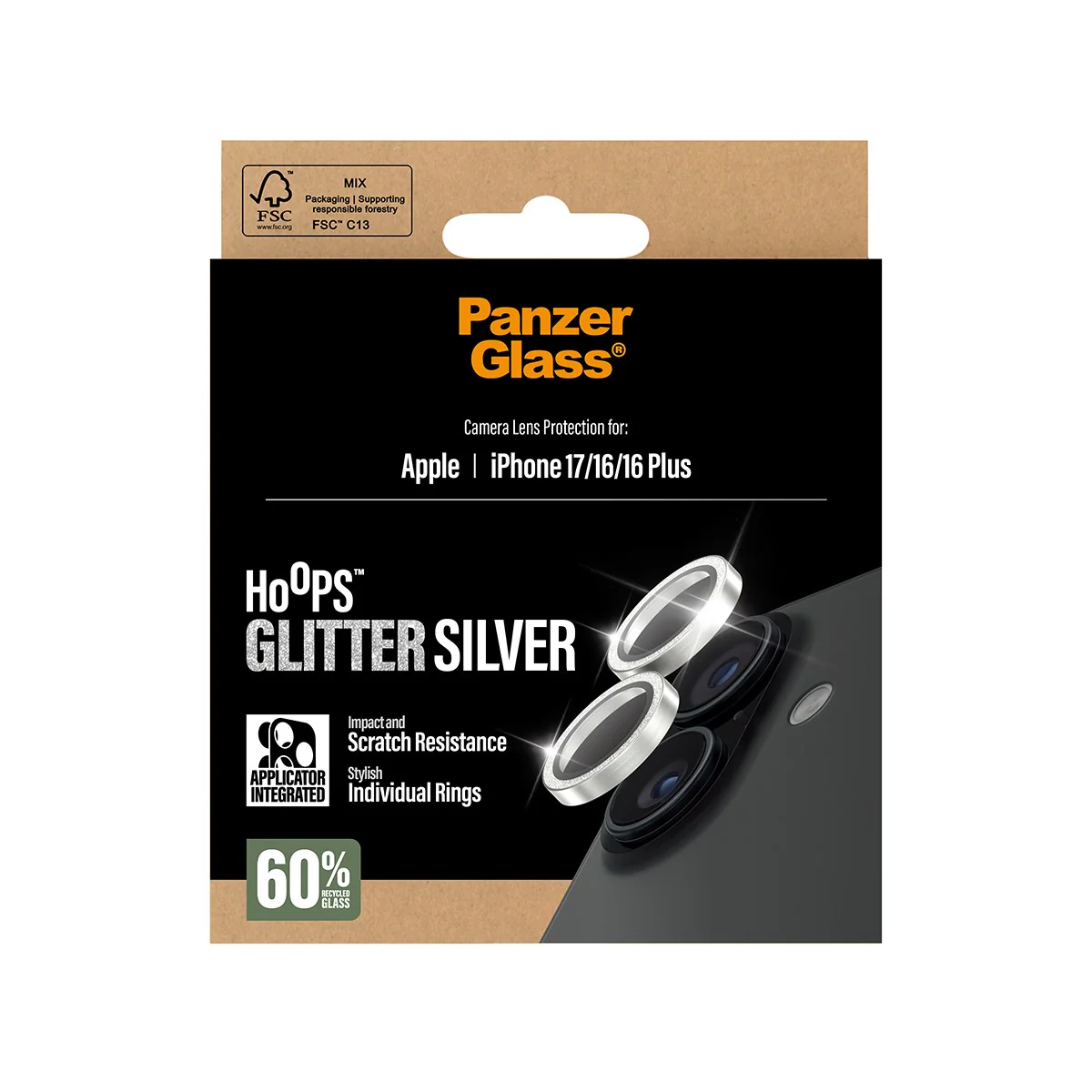 PanzerGlass® Hoops® Camera Lens Protector Glitter Silver iPhone 17 | iPhone 16 | 16 Plus - Image 3