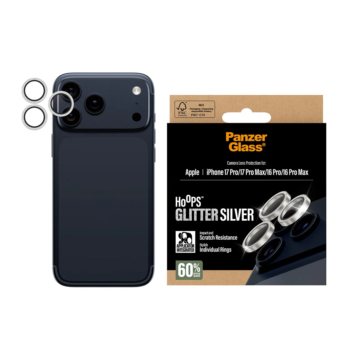 PanzerGlass® Hoops® Camera Lens Protector Glitter Silver iPhone 17 Pro | iPhone 17 Pro Max | iPhone 16 Pro | 16 Pro Max - Image 2