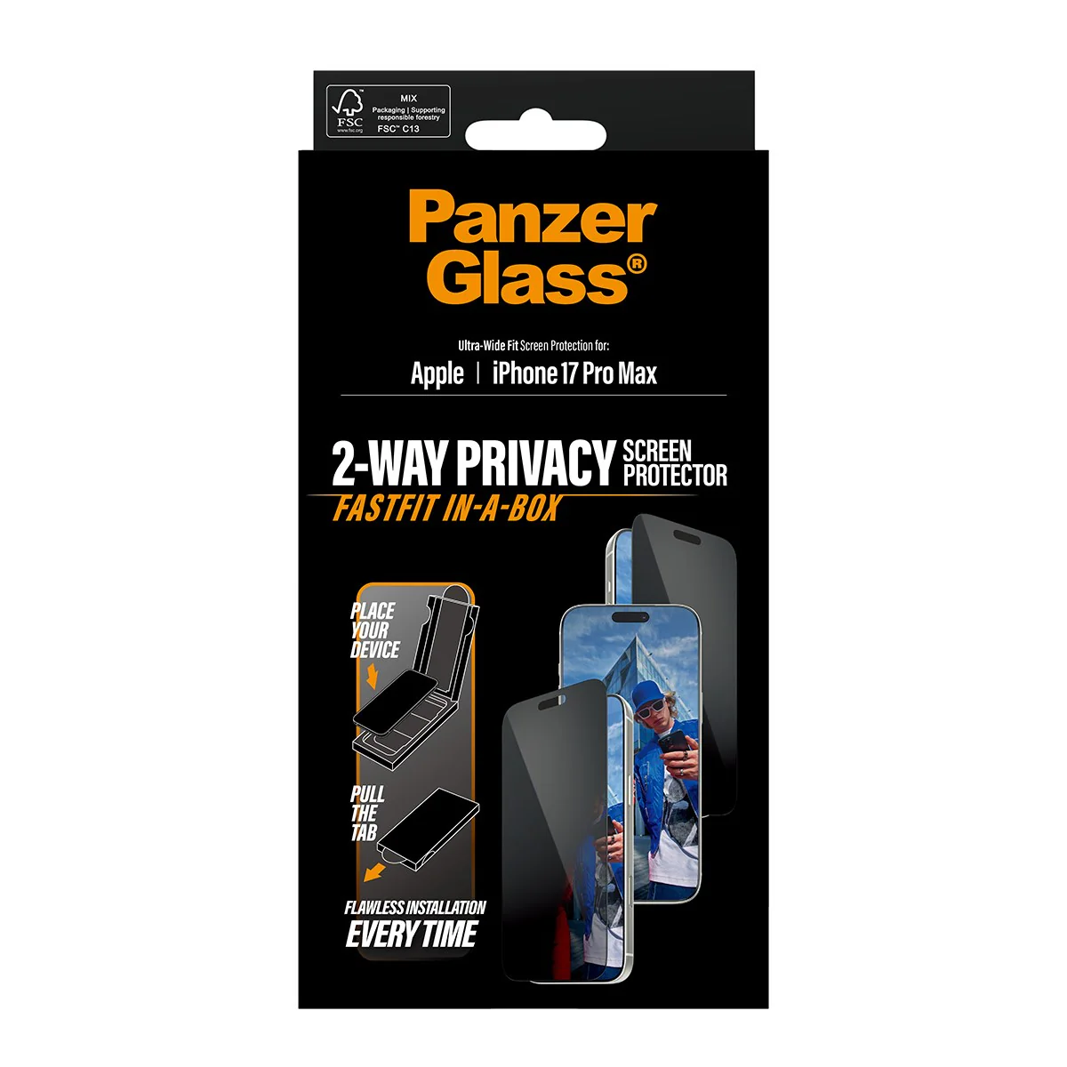 PanzerGlass® 2-Way Privacy Screen Protector iPhone 17 Pro Max | Ultra-Wide Fit w. FASTFIT IN-A-BOX - Image 3