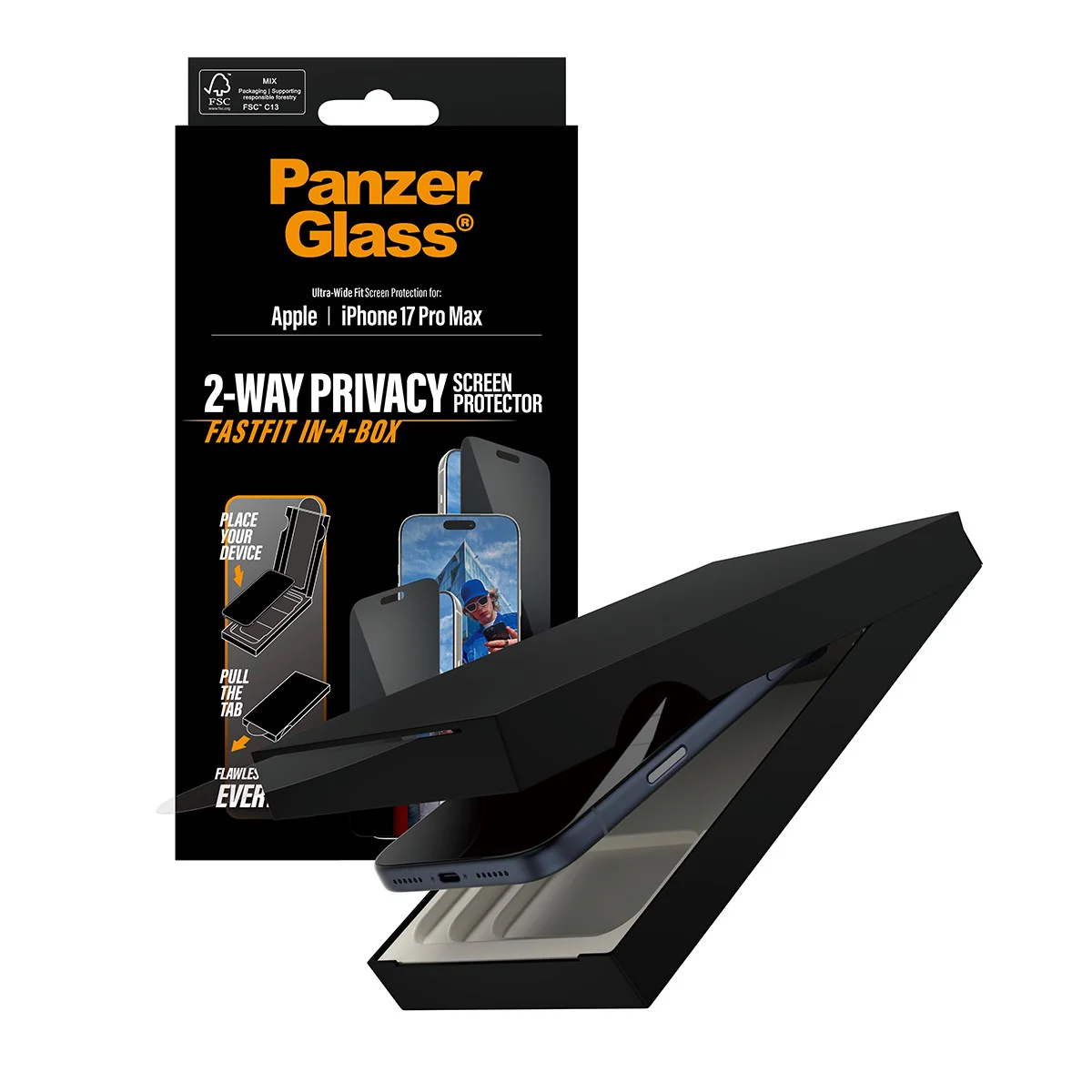 PanzerGlass® 2-Way Privacy Screen Protector iPhone 17 Pro Max | Ultra-Wide Fit w. FASTFIT IN-A-BOX - Image 6