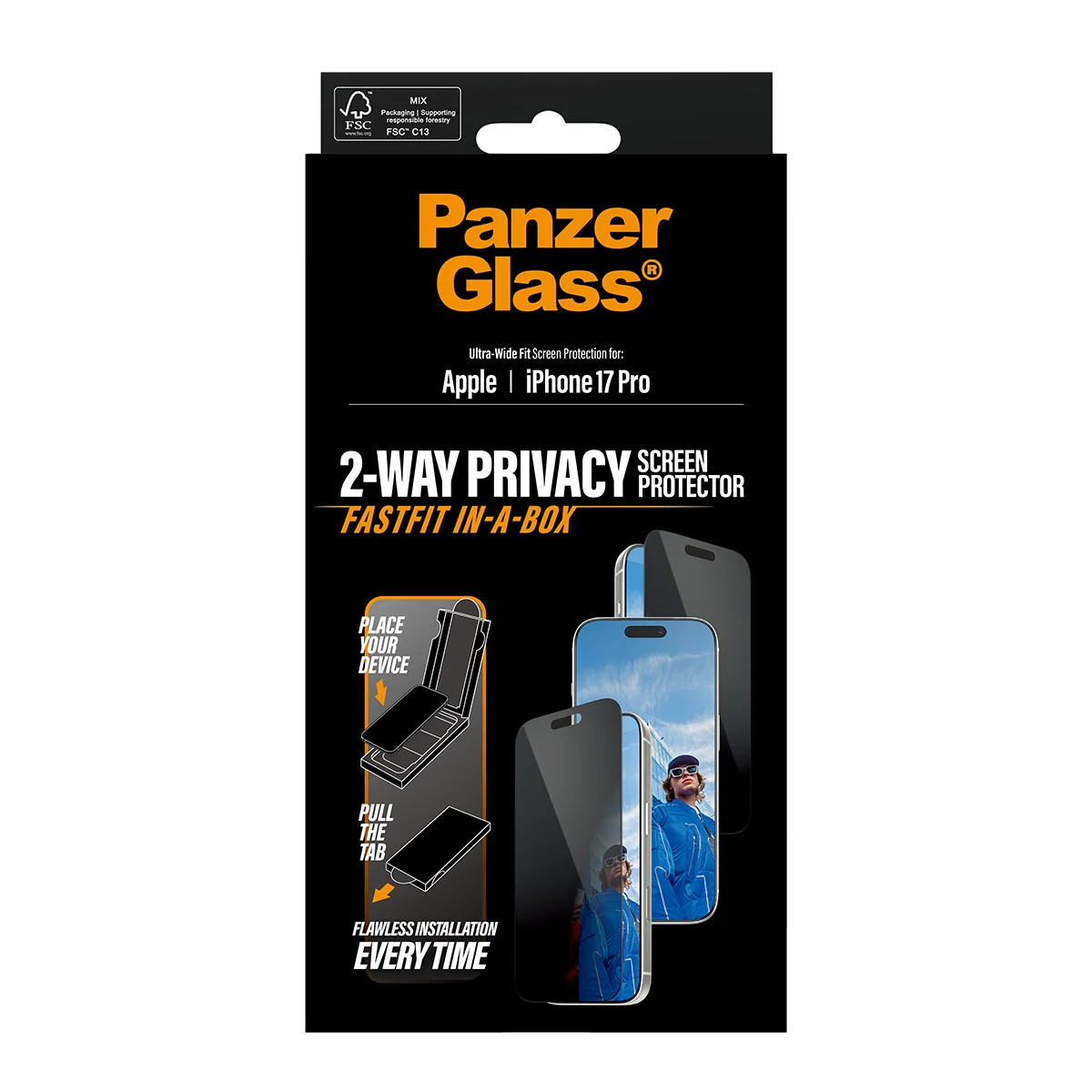 PanzerGlass® 2-Way Privacy Screen Protector iPhone 17 Pro | Ultra-Wide Fit w. FASTFIT IN-A-BOX - Image 3