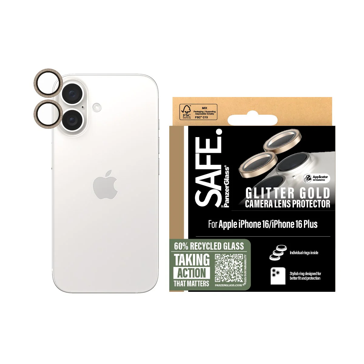 SAFE. by PanzerGlass® Camera Lens Protector Glitter Gold iPhone 16 | 16 Plus - Image 2