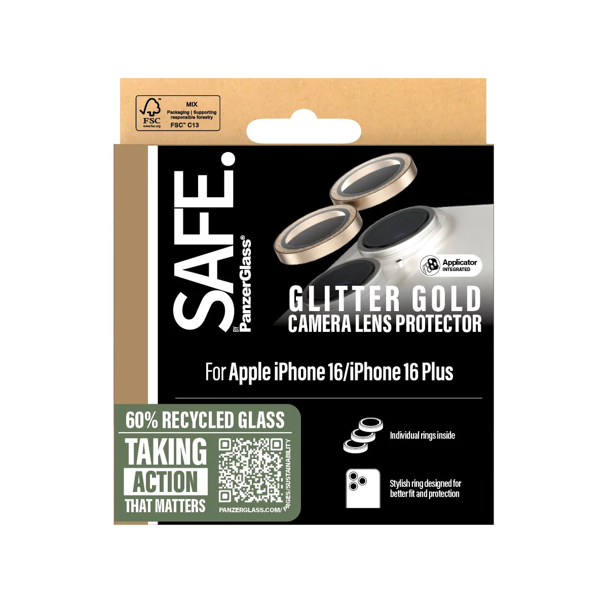 SAFE. by PanzerGlass® Camera Lens Protector Glitter Gold iPhone 16 | 16 Plus - Image 3