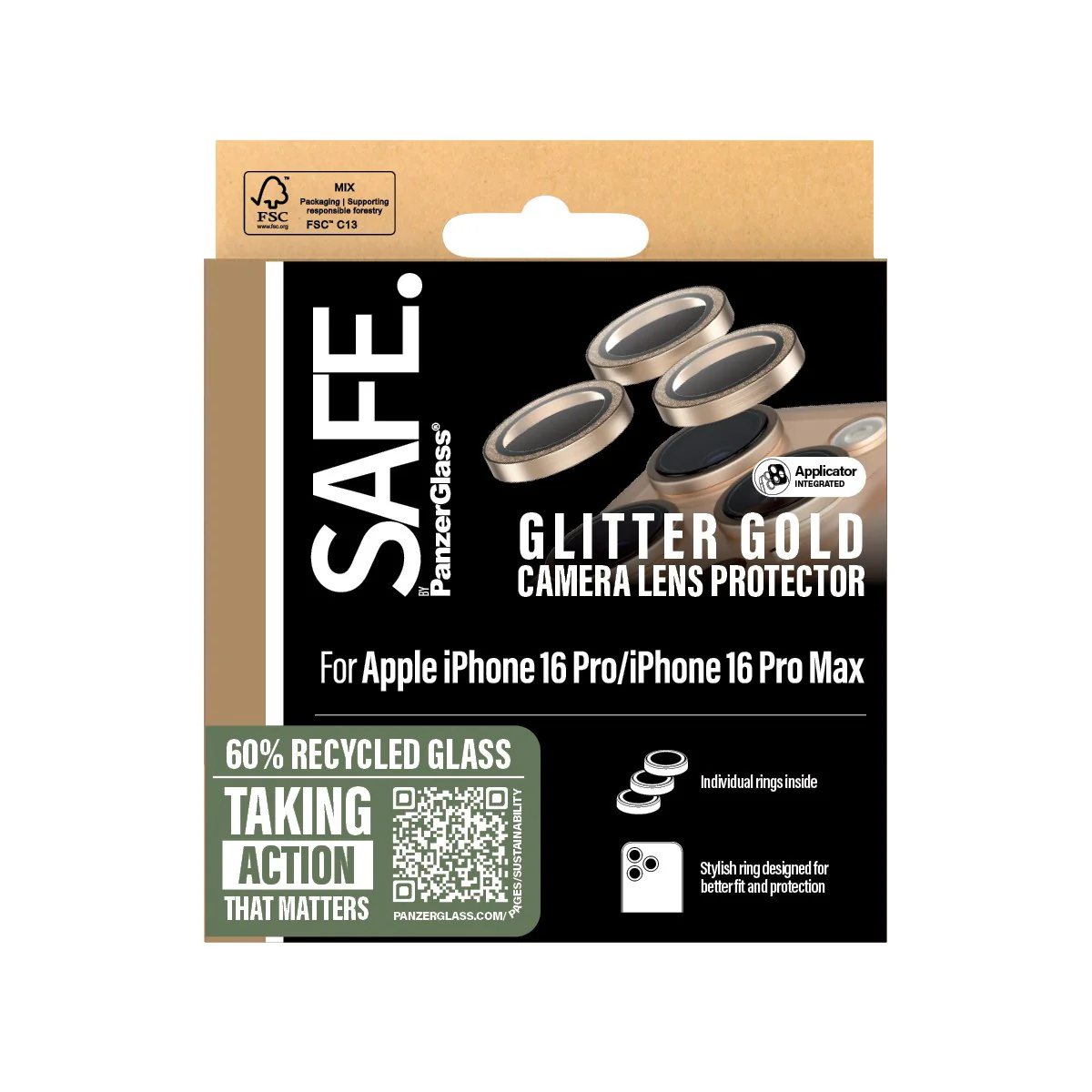SAFE. by PanzerGlass® Camera Lens Protector Glitter Gold iPhone 16 Pro | 16 Pro Max - Image 3