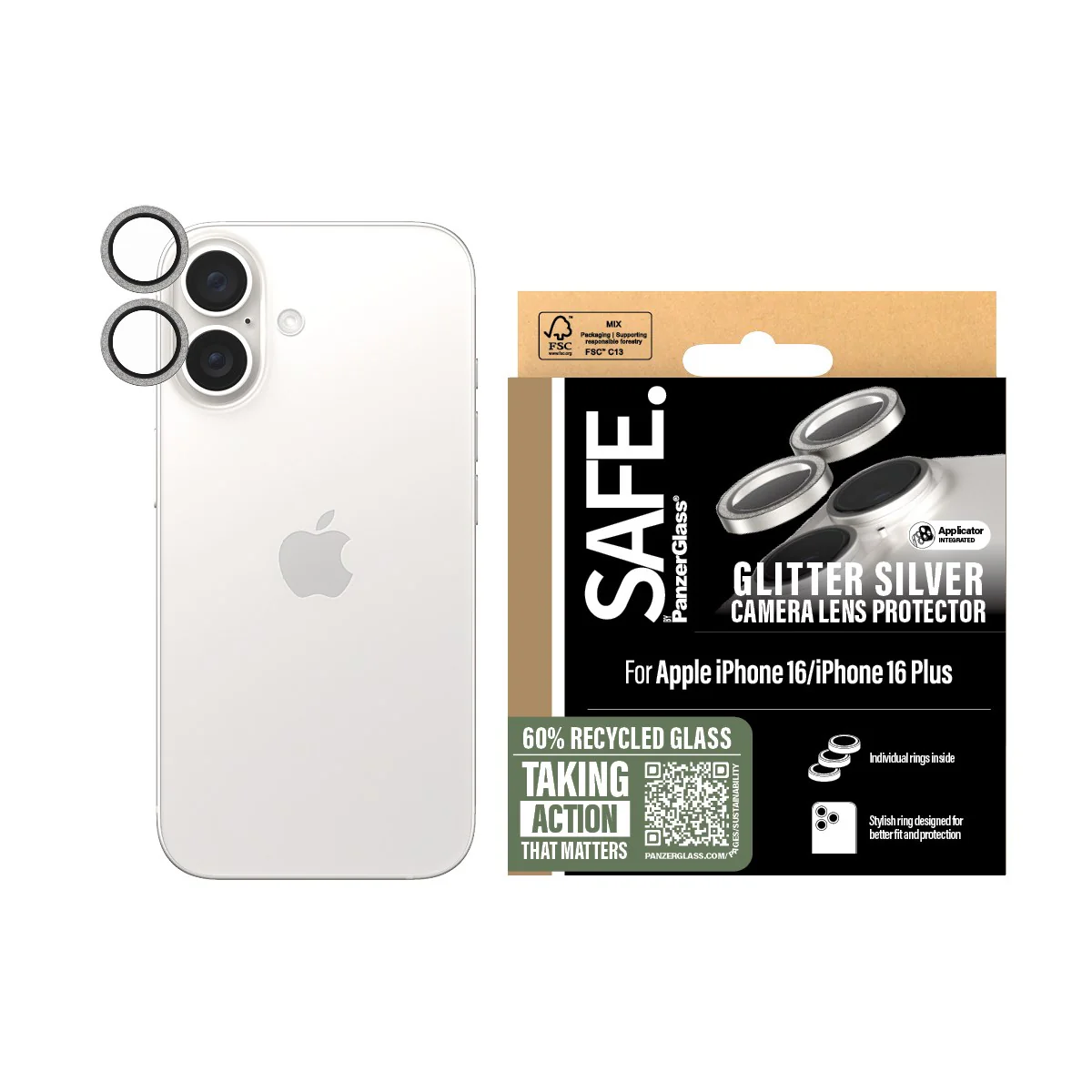 SAFE. by PanzerGlass® Camera Lens Protector Glitter Silver iPhone 16 | 16 Plus - Image 2