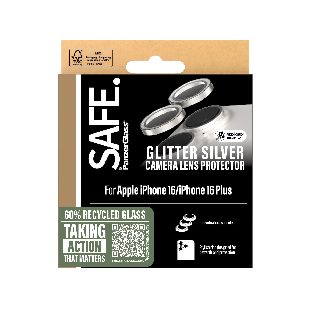 SAFE. by PanzerGlass® Camera Lens Protector Glitter Silver iPhone 16 | 16 Plus - Image 3