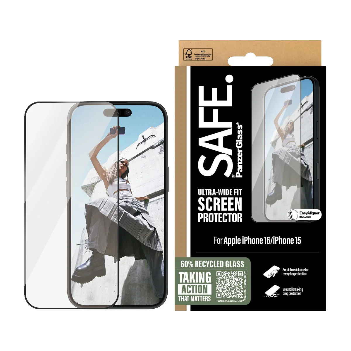 SAFE. by PanzerGlassÂź Screen Protection w. Black Frame iPhone 16 | 15 | Ultra-Wide Fit - Image 2